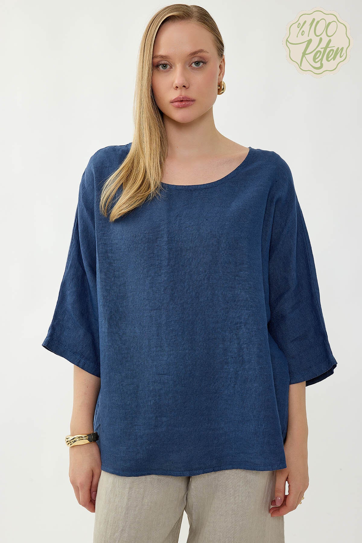 %100 Keten Geniş Yaka Oversize Kısa Kol Bluz