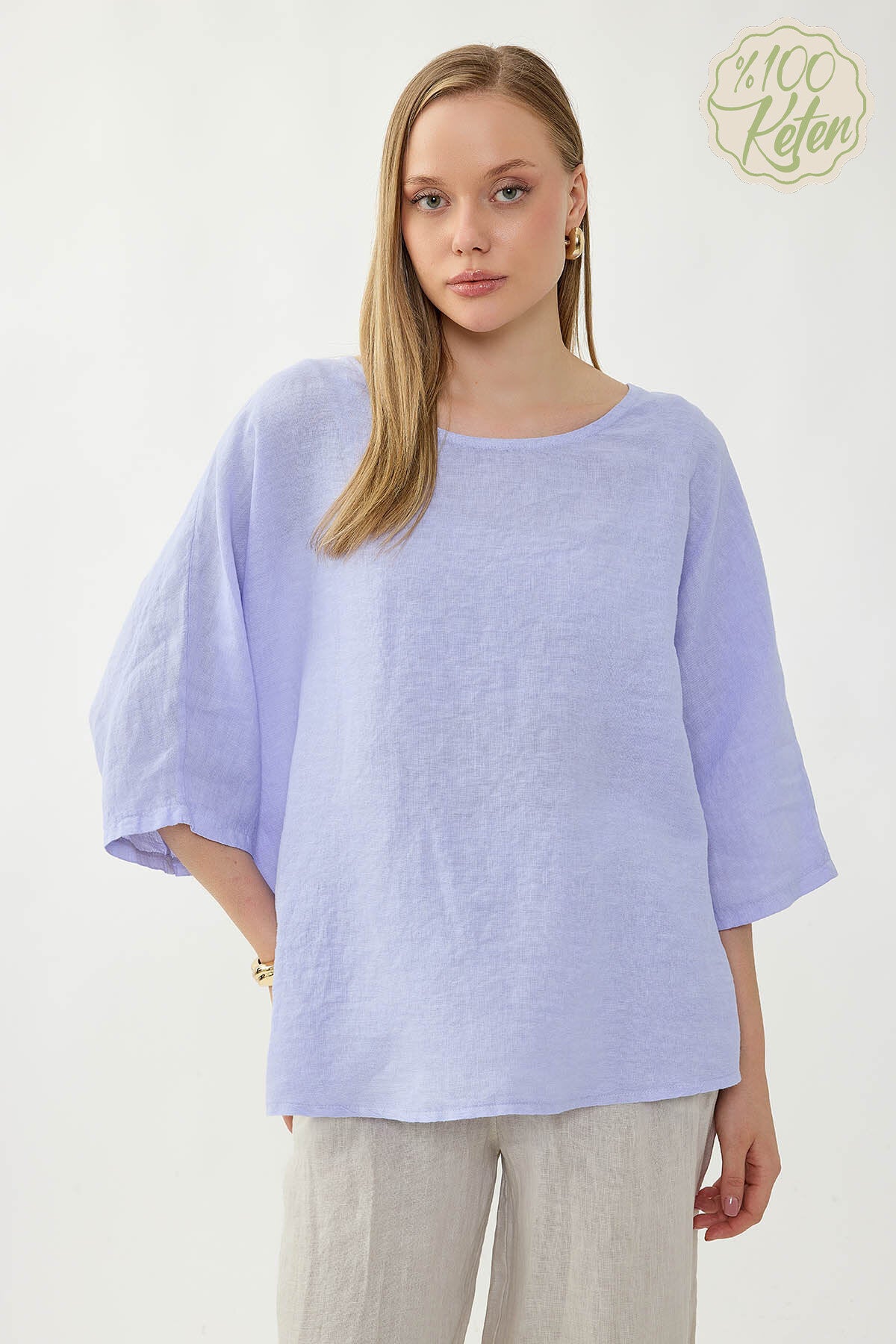 %100 Keten Geniş Yaka Oversize Kısa Kol Bluz