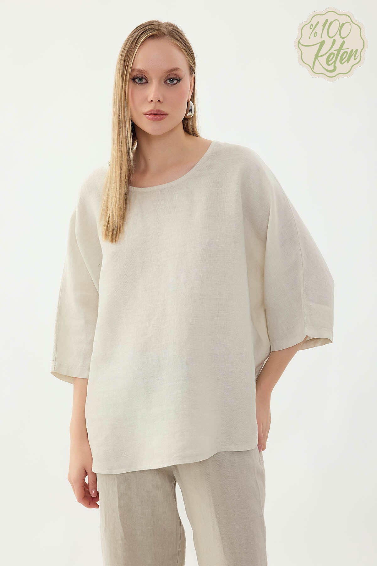 %100 Keten Geniş Yaka Oversize Kısa Kol Bluz