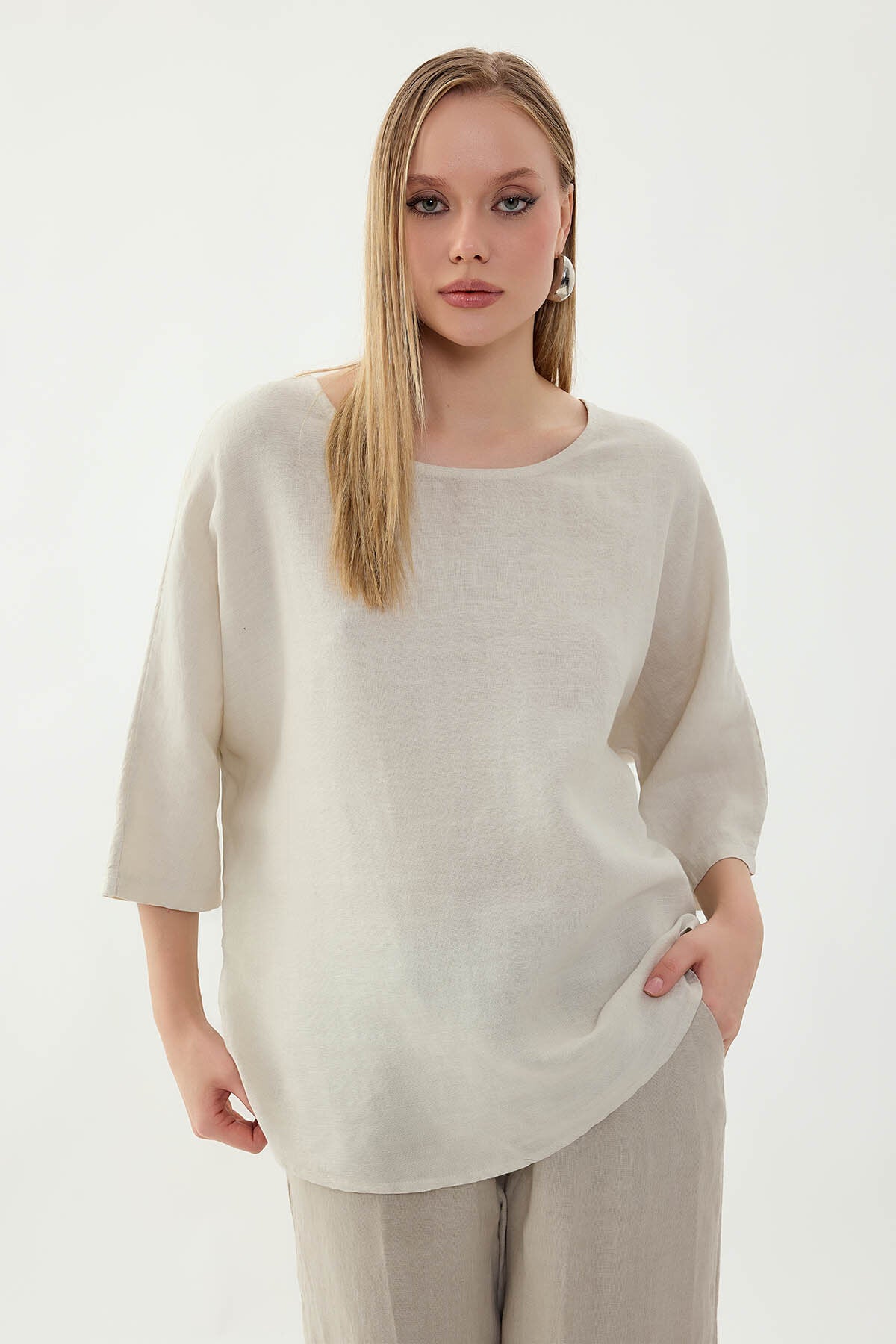 %100 Keten Geniş Yaka Oversize Kısa Kol Bluz