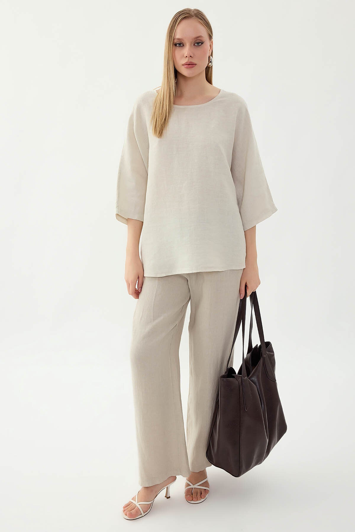 %100 Keten Geniş Yaka Oversize Kısa Kol Bluz