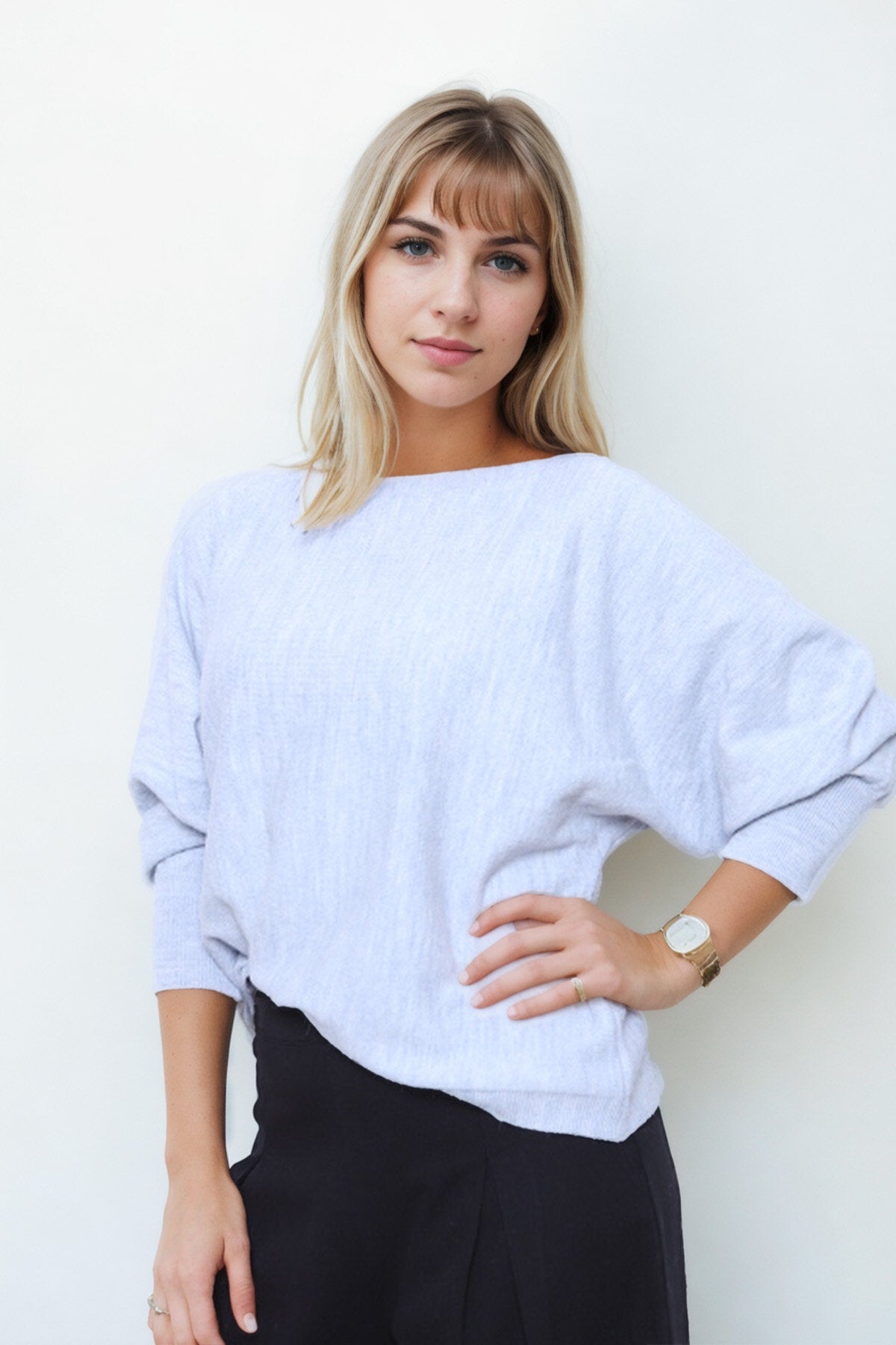 Geniş Yaka Yarasa Kol Oversize Triko Bluz