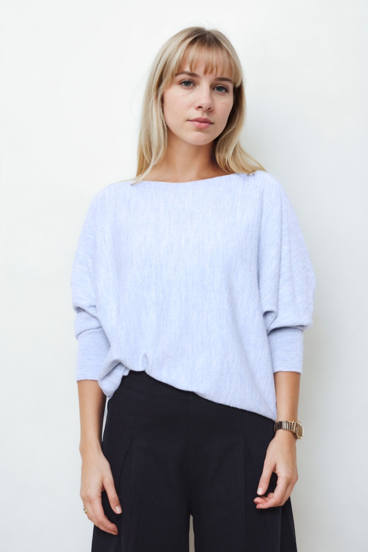 Geniş Yaka Yarasa Kol Oversize Triko Bluz