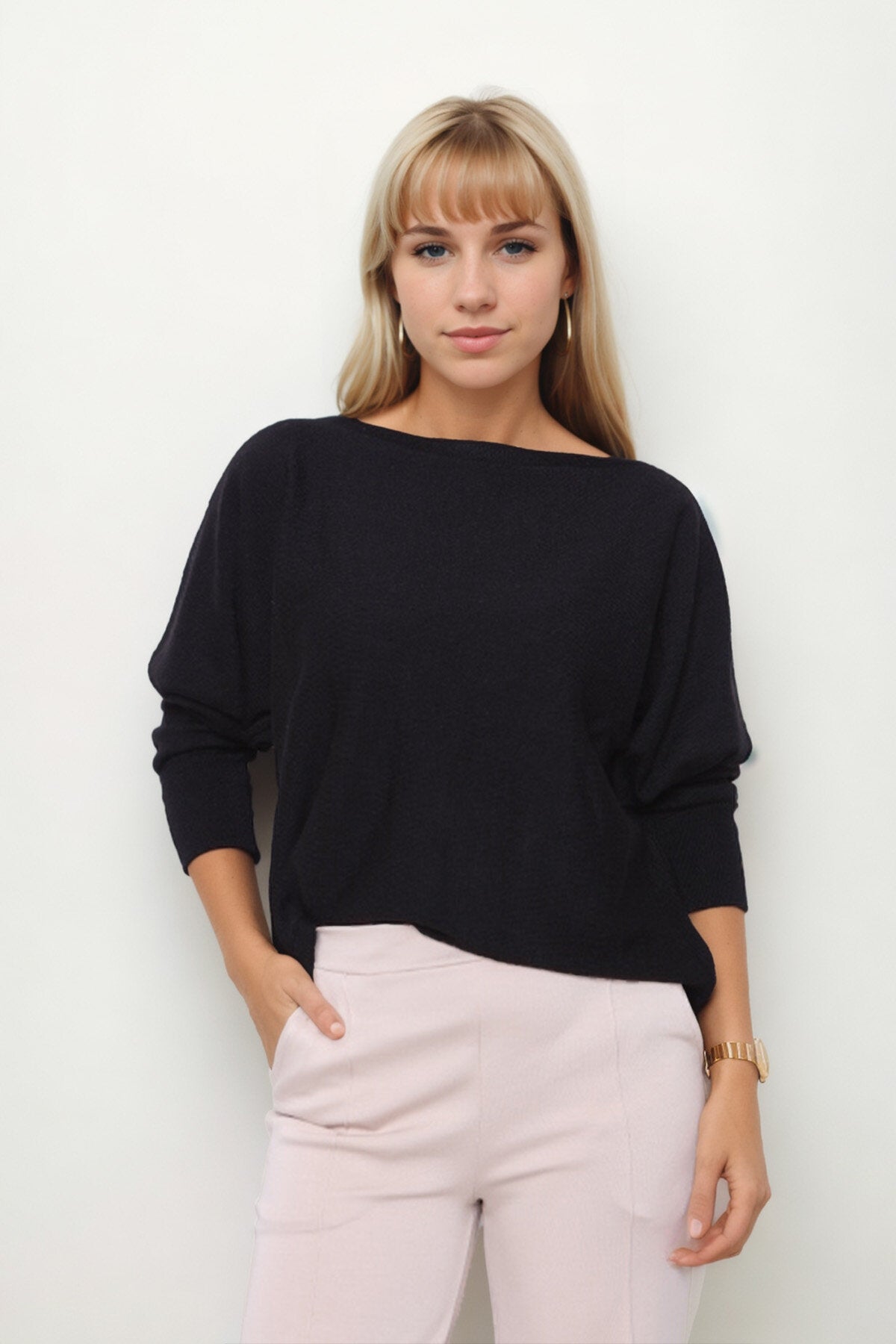 Geniş Yaka Yarasa Kol Oversize Triko Bluz