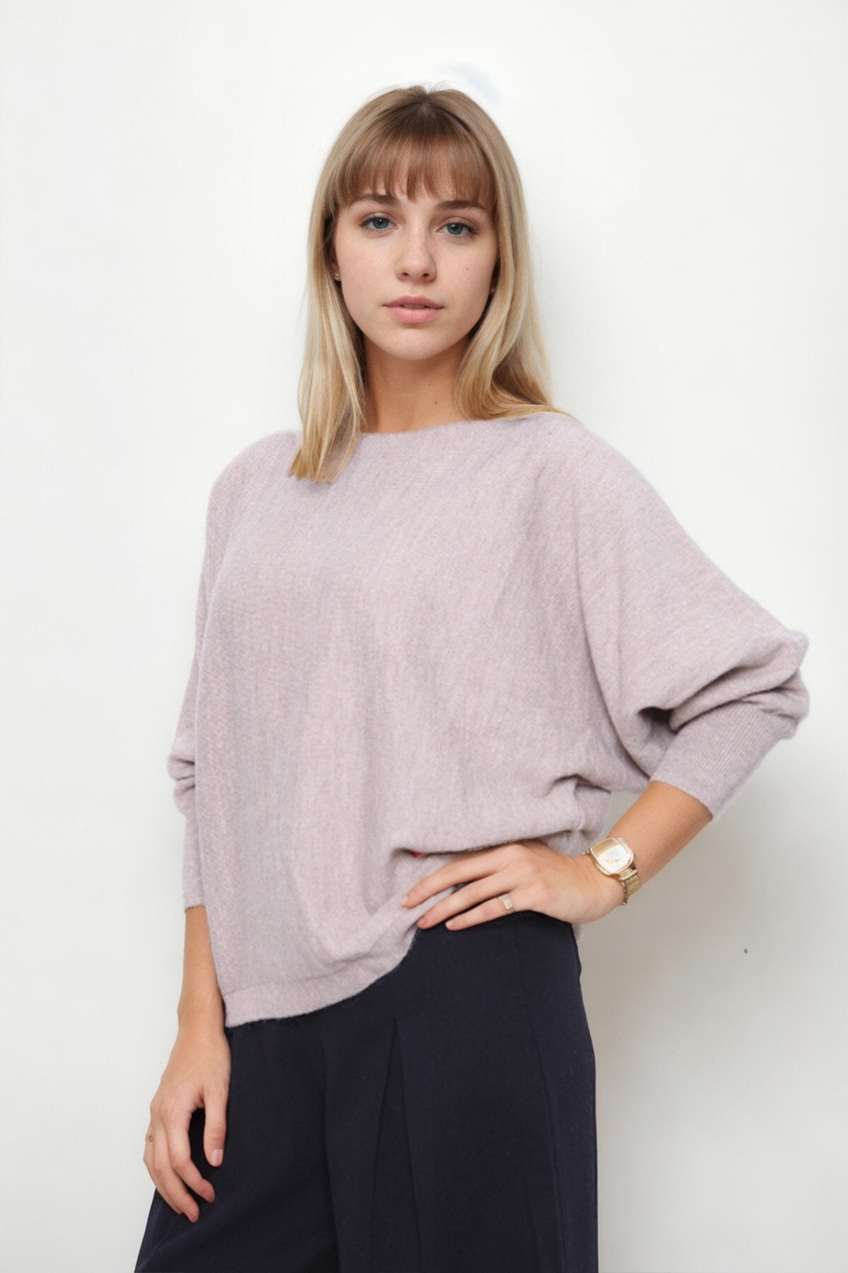 Geniş Yaka Yarasa Kol Oversize Triko Bluz