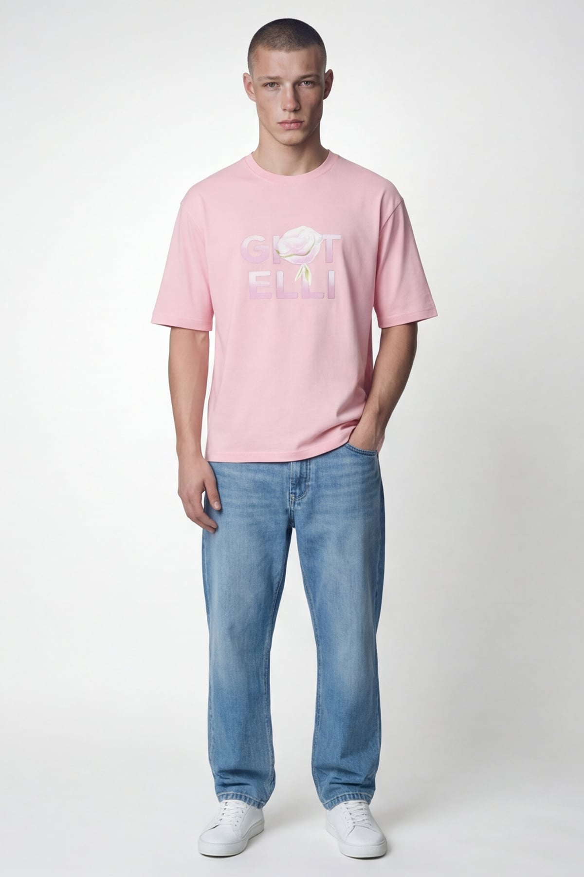 Giotelli Erkek Açık Pembe Geniş Kesim Oversize Fit %100 Pamuk Baskılı Bisiklet Yaka Tişört
