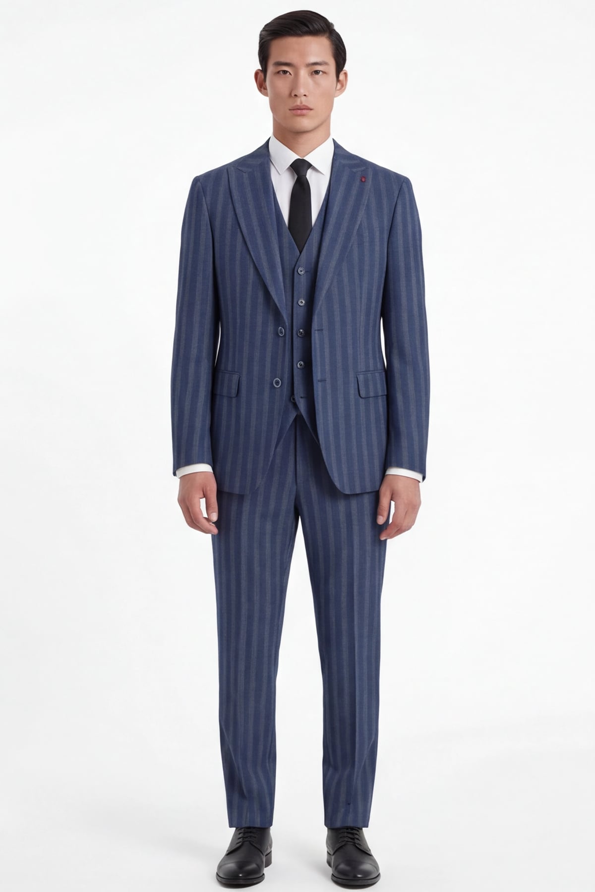 Giotelli Erkek Lacivert Dar Kesim Slim Fit Viskon Çizgili Dokuma Fleto Kapaklı Cep Normal Bel 8 Drop Yelekli Klasik Takım Elbise