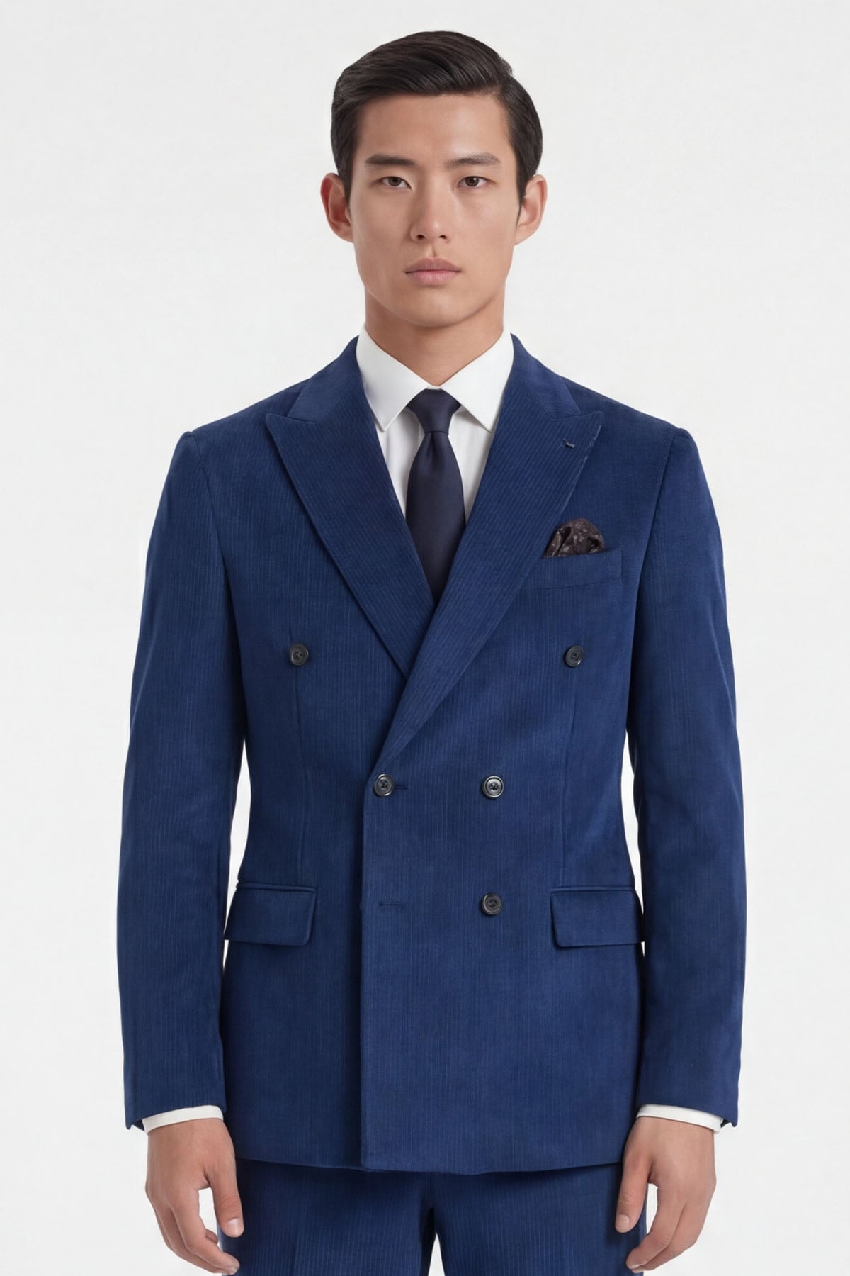 Giotelli Erkek Açık Lacivert Dar Kesim Slim Fit %100 Kadife Kruvaze Yaka Fleto Cepli 6 Drop Klasik Takım Elbise