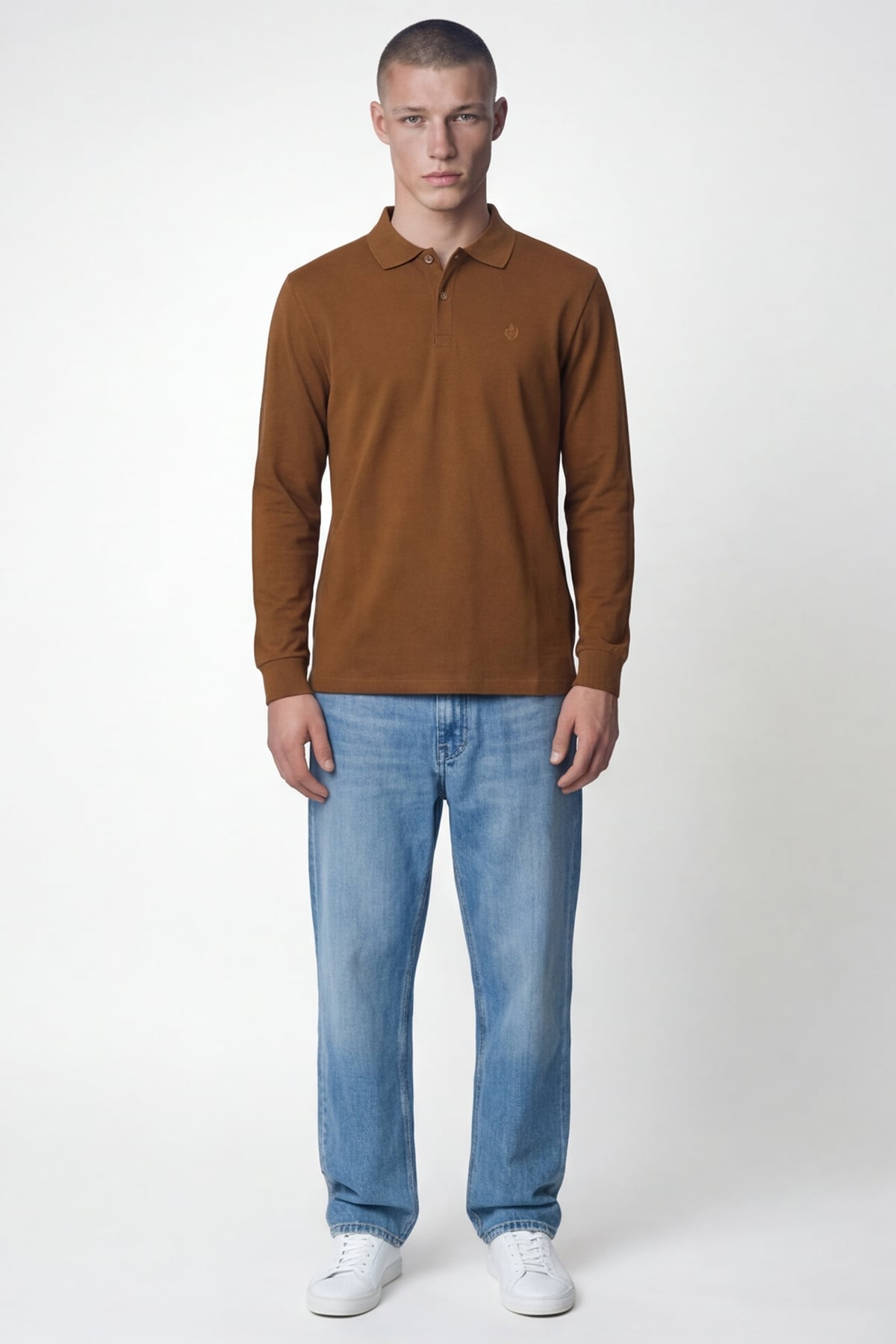 Giotelli Erkek Camel Normal Kesim Regular Fit %100 Pamuk Örme Uzun Kollu Polo Yaka Düğmeli Sweatshirt