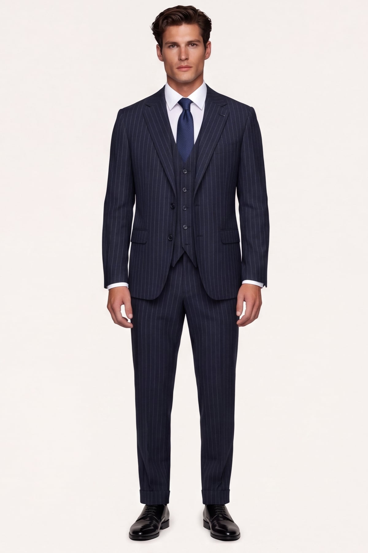 Giotelli Erkek Koyu Lacivert Dar Kesim Slim Fit Viskon Çizgili Yan Cep Normal Bel 6 Drop Takım Elbise