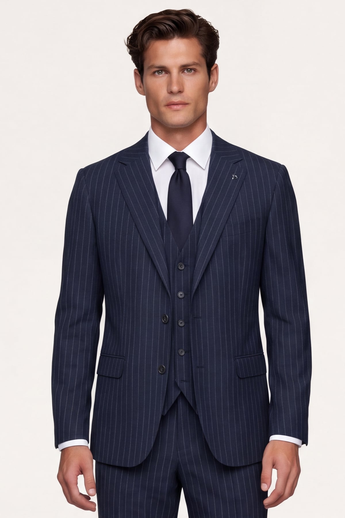 Giotelli Erkek Lacivert Dar Kesim Slim Fit Viskon Çizgili Yan Cep Normal Bel 6 Drop Takım Elbise