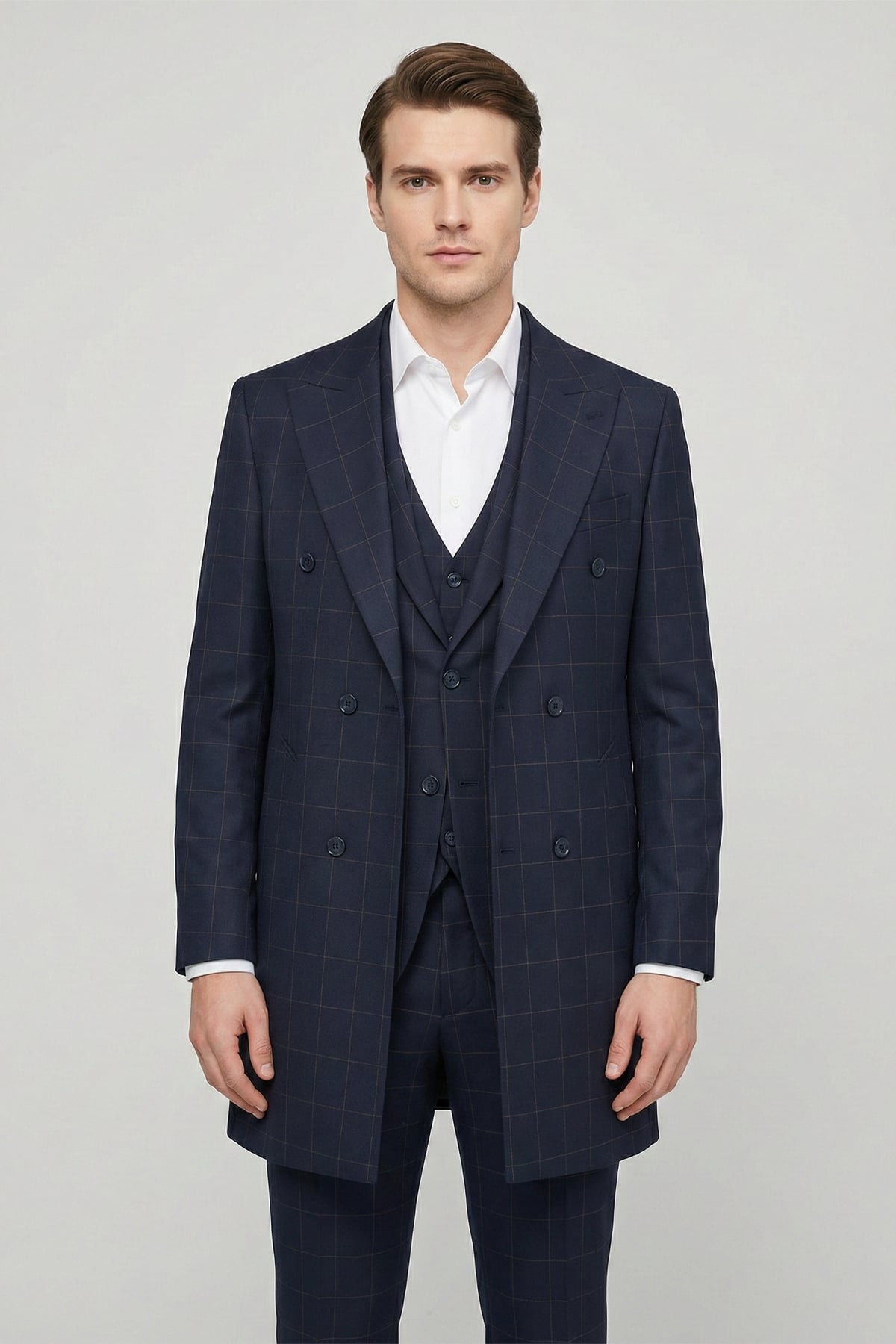 Giotelli Erkek Lacivert Dar Kesim Slim Fit Viskon Ekose Mono Yaka Dokuma Çift Yırtmaçlı Kemerli Bel Tam Astarlı 6 Drop 5'Li Erkek Takım Elbise