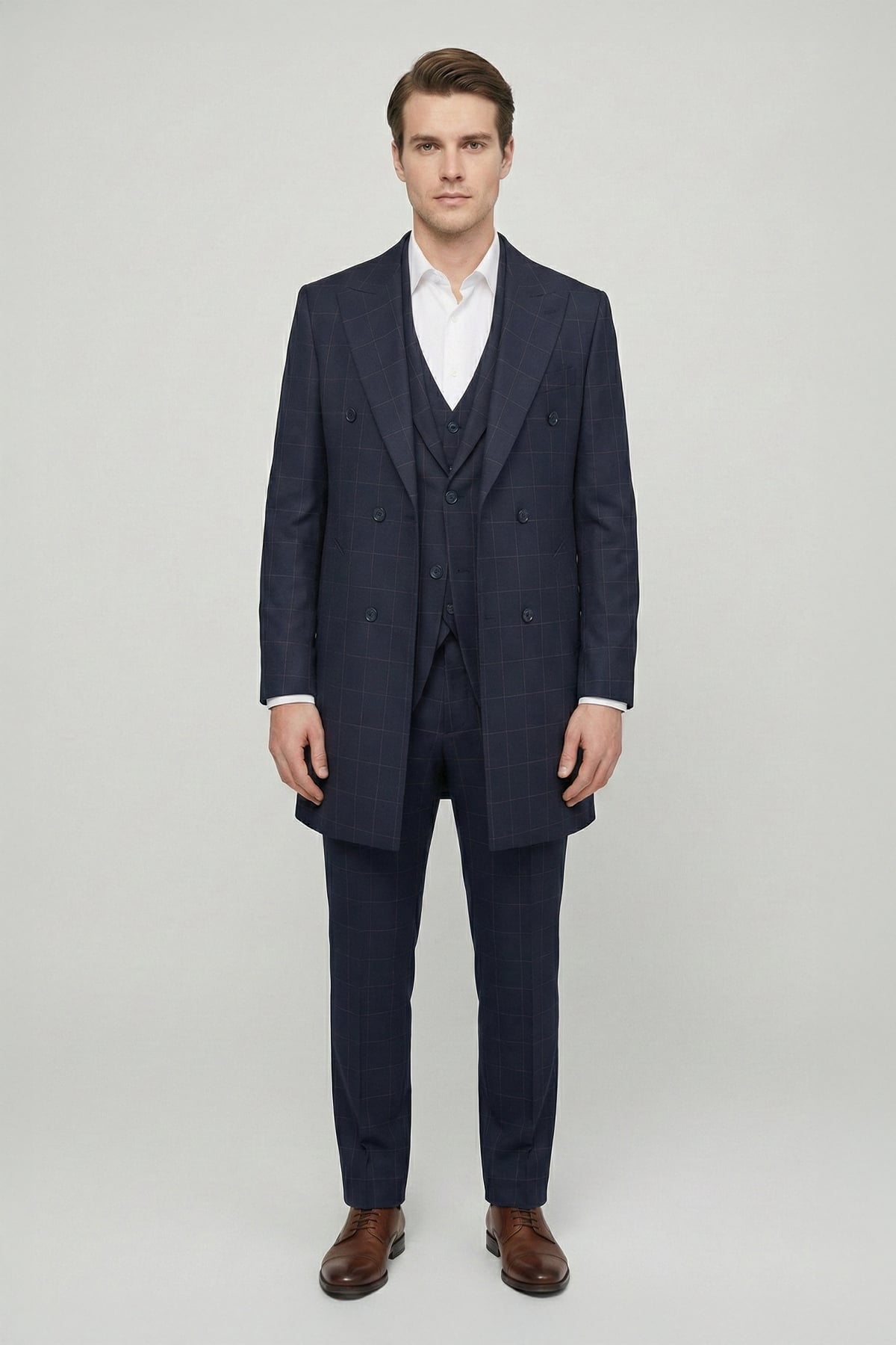 Giotelli Erkek Lacivert Dar Kesim Slim Fit Viskon Ekose Mono Yaka Dokuma Çift Yırtmaçlı Kemerli Bel Tam Astarlı 6 Drop 5'Li Erkek Takım Elbise