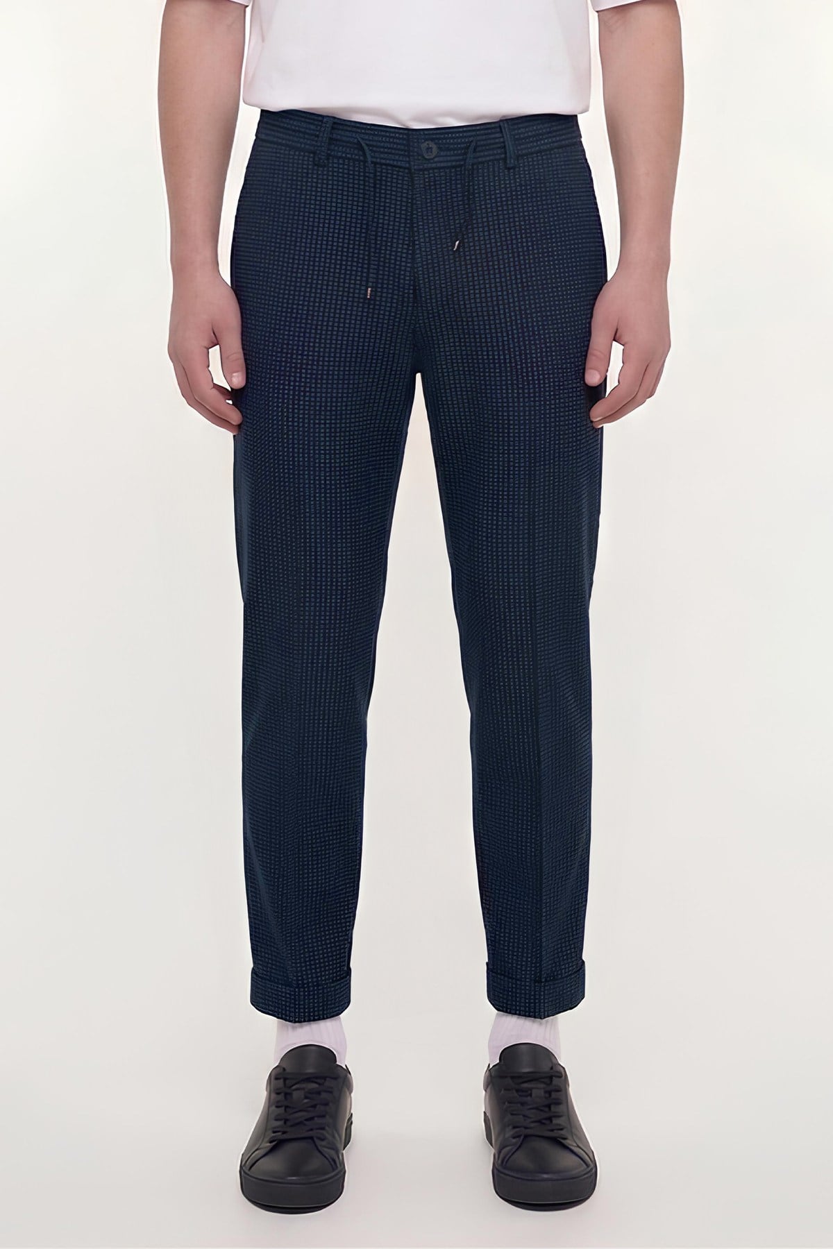Giotelli Erkek Lacivert Dar Kesim Slim Fit Dokuma Yan Cep Lastikli Bel Pantolon