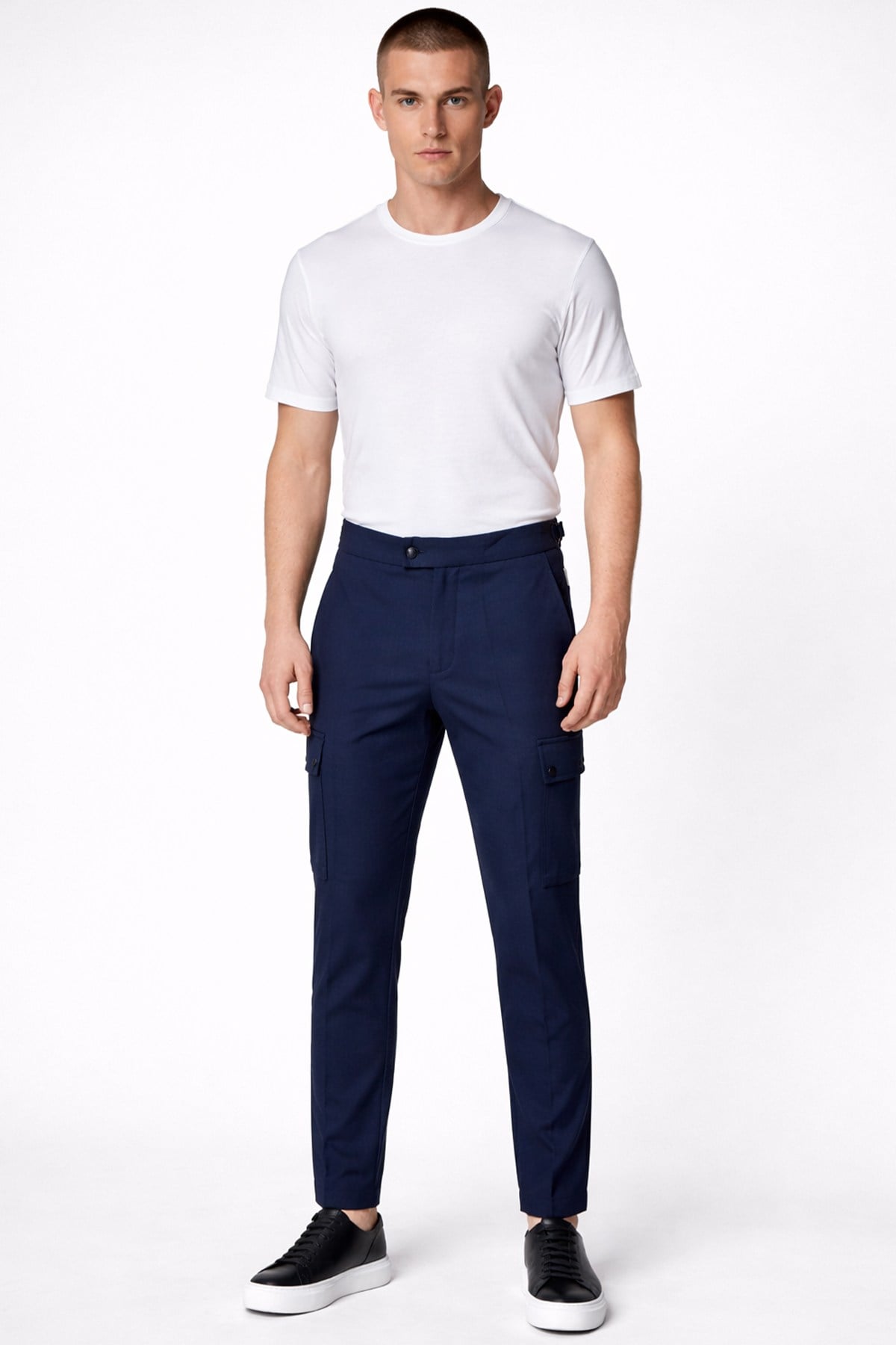 Giotelli Erkek Lacivert Dar Kesim Slim Fit Yünlü Dokuma Kargo Cep Normal Bel 6 Drop Pantolon