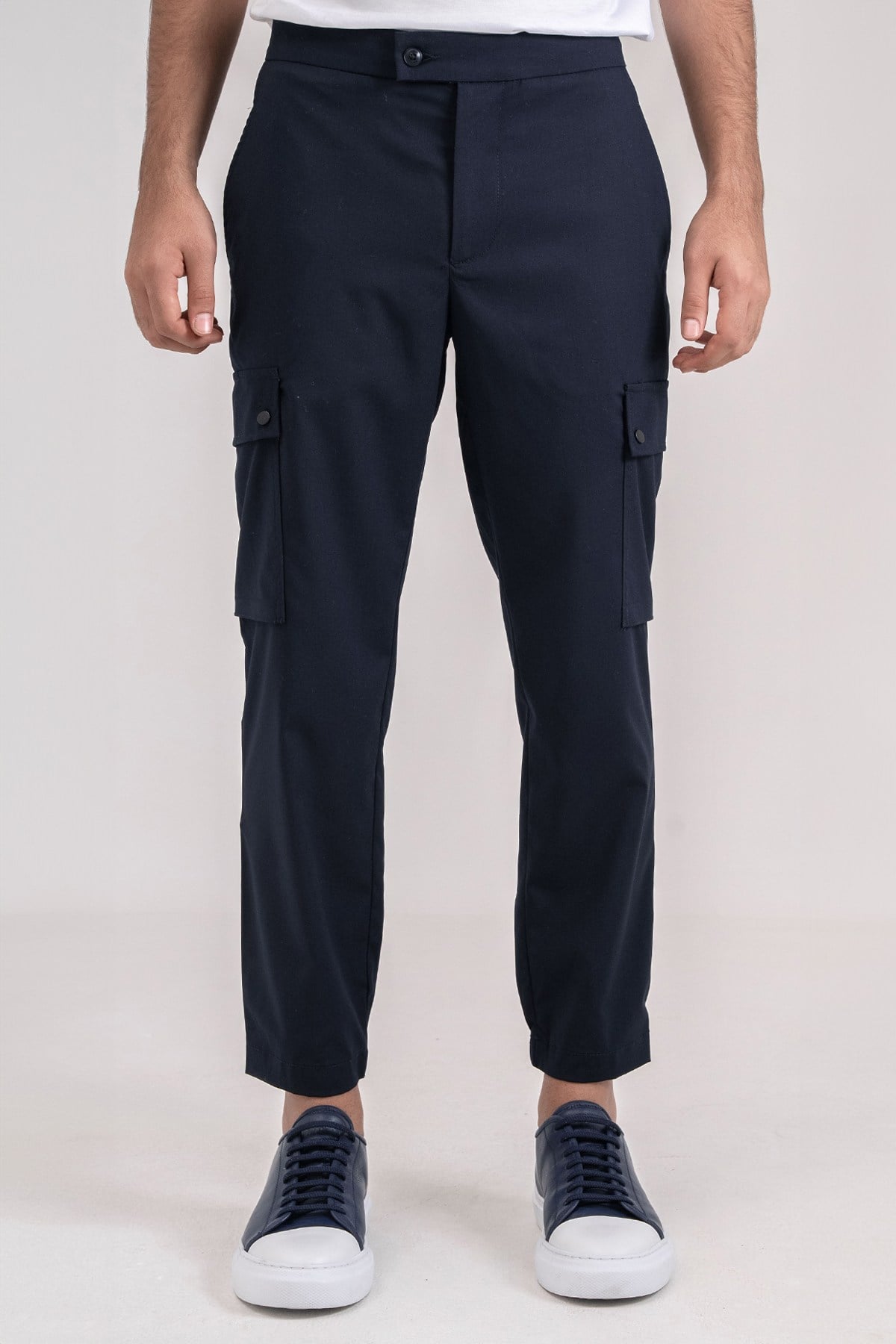 Giotelli Erkek Lacivert Dar Kesim Slim Fit Viskon Dokuma Kargo Cep Normal Bel Pantolon