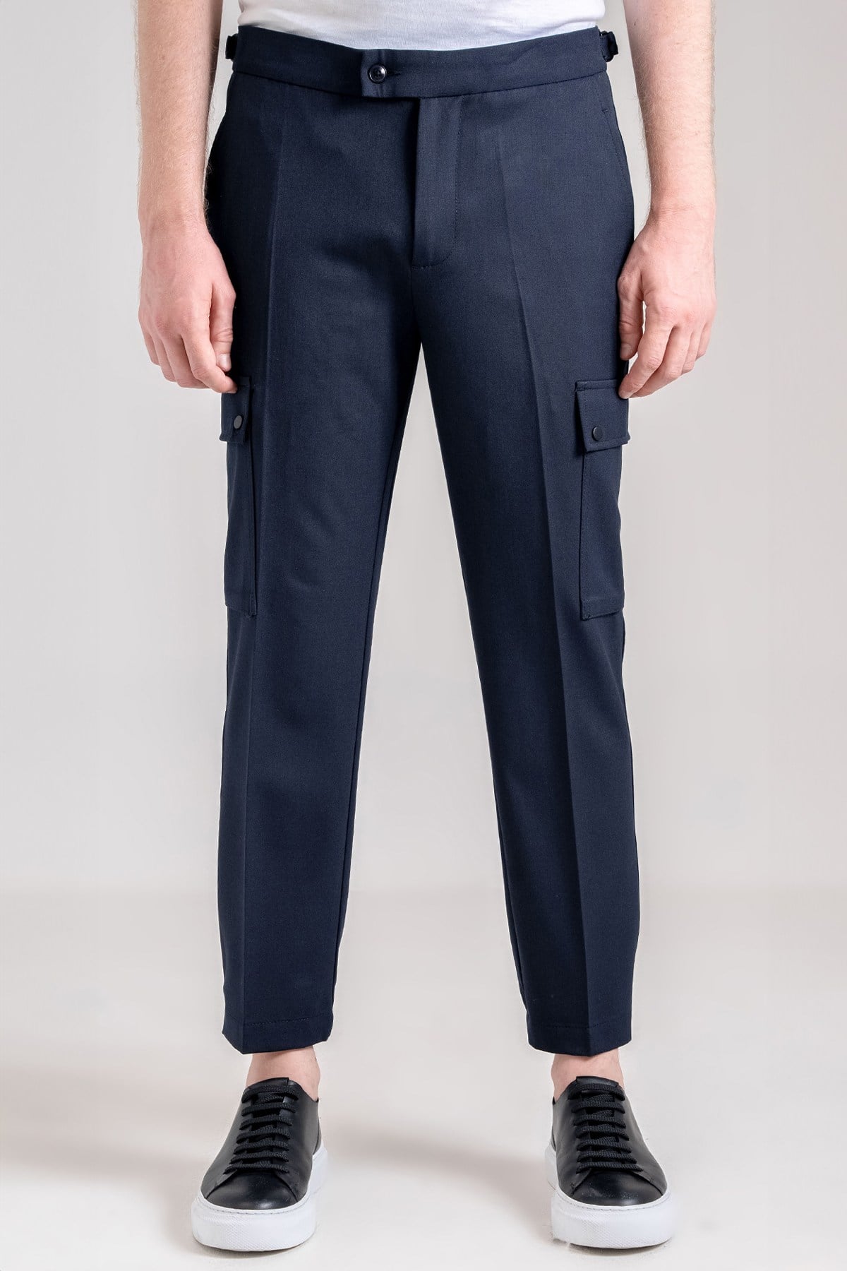 Giotelli Erkek Lacivert Dar Kesim Slim Fit Yünlü Dokuma Kargo Cep Normal Bel 6 Drop Pantolon