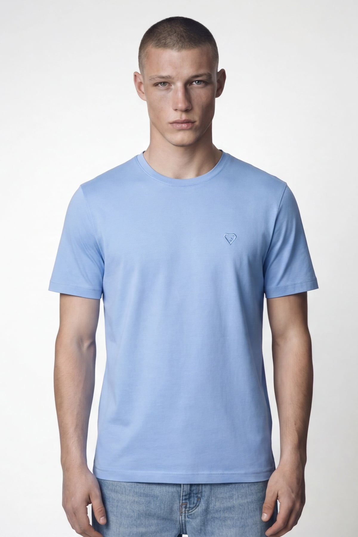 Giotelli Erkek Mavi Dar Kesim Slim Fit %100 Pamuk Bisiklet Yaka Tişört