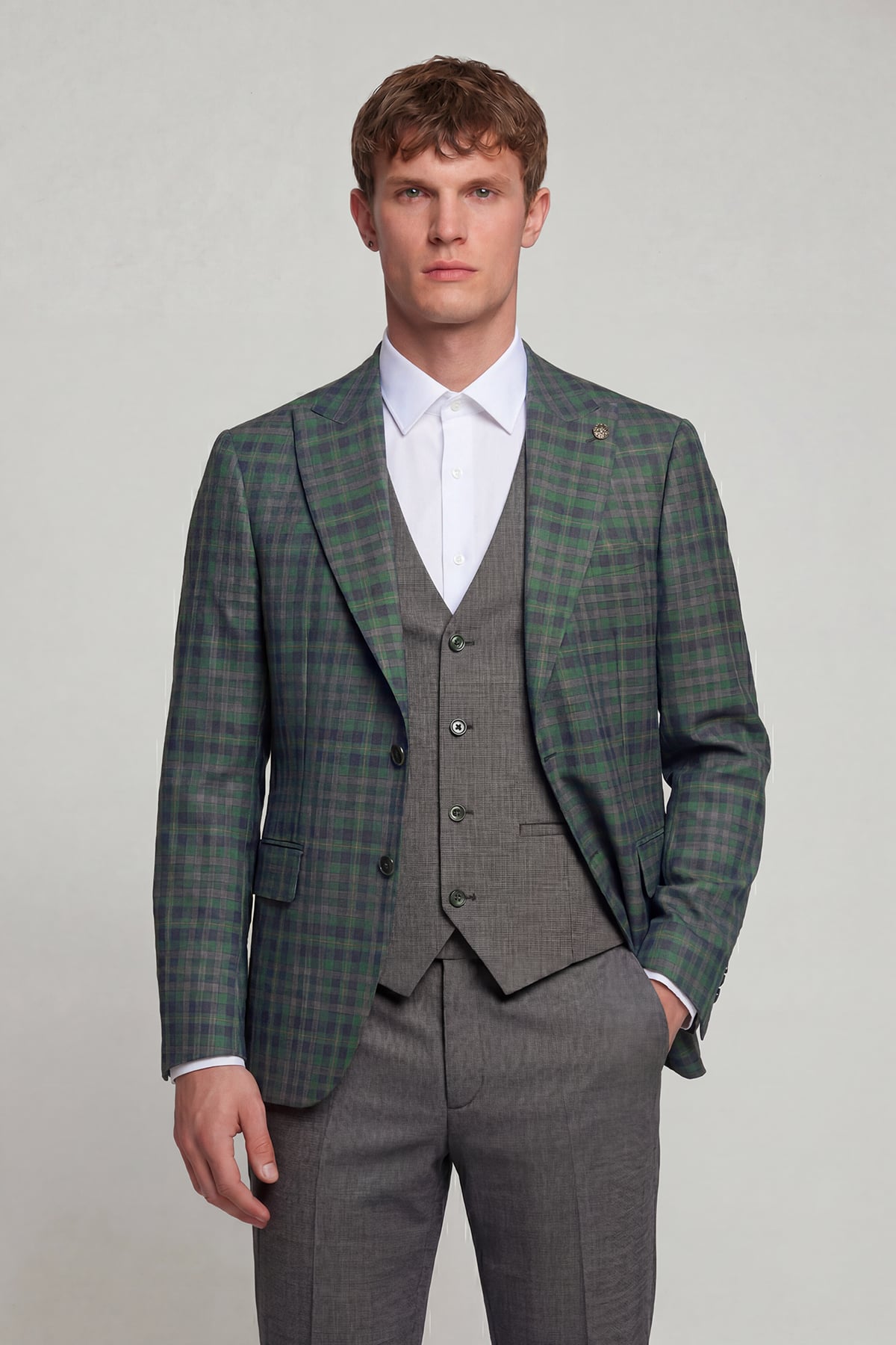 Giotelli Erkek Yeşil Dar Kesim Slim Fit Yünlü Dokuma Ekose Normal Bel 6 Drop Yelekli Takım Elbise
