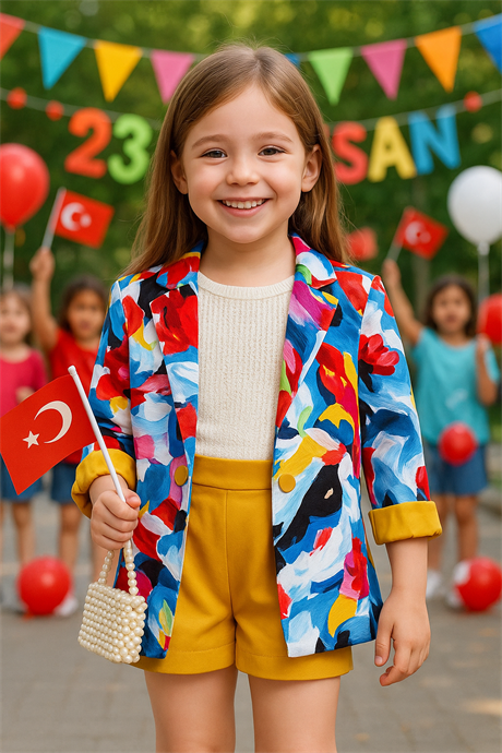 Gökkuşağı renkli ceket şortlu takım Sarı 10 Yaş