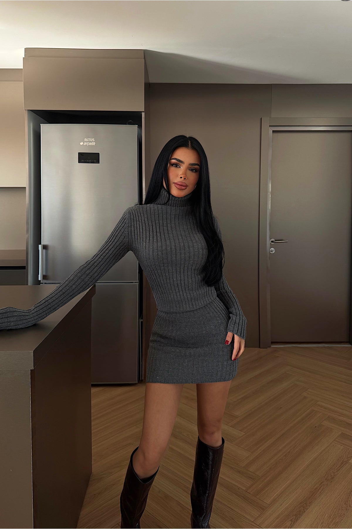 Gri Zurih Triko elbise ATE-4412