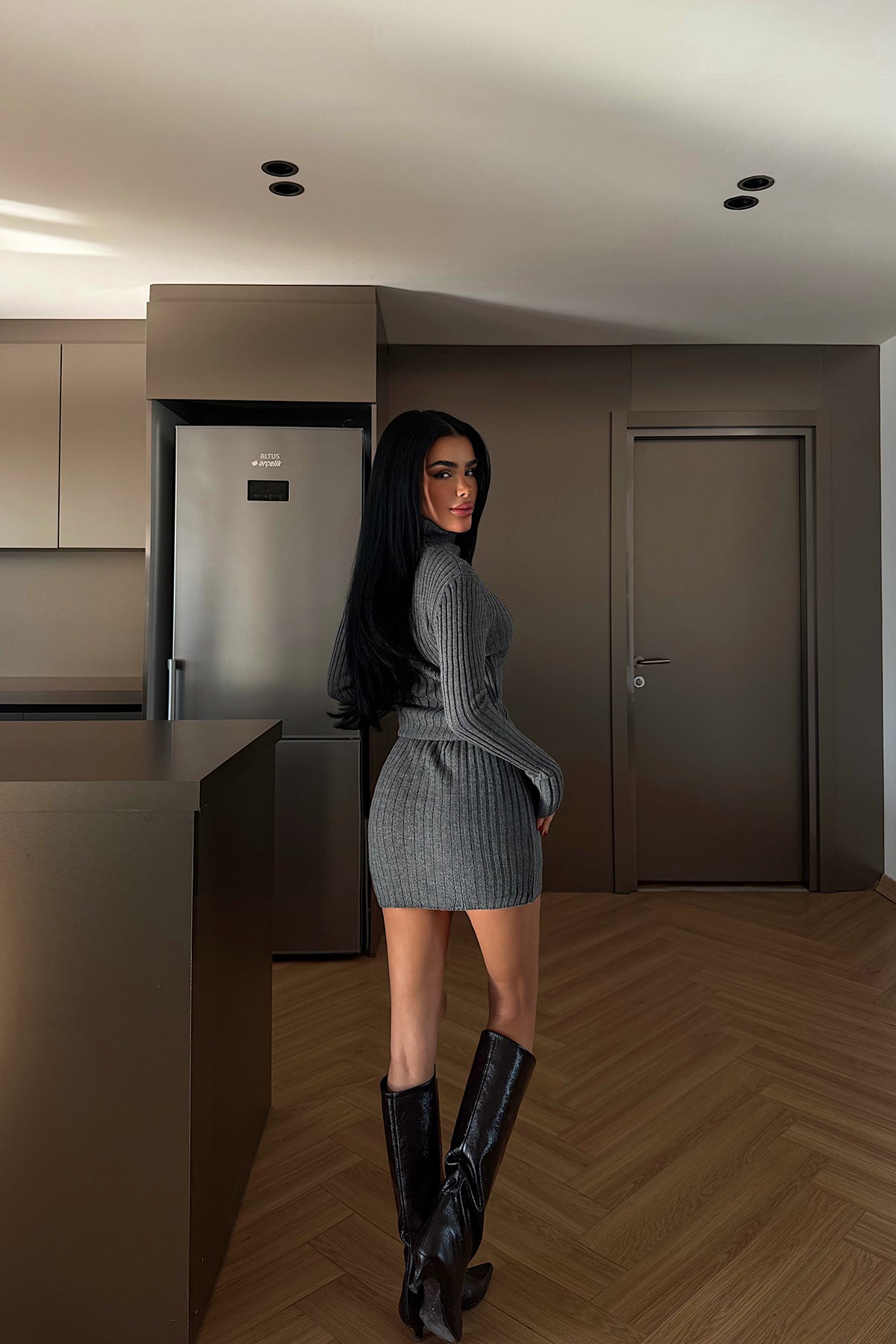 Gri Zurih Triko elbise ATE-4412