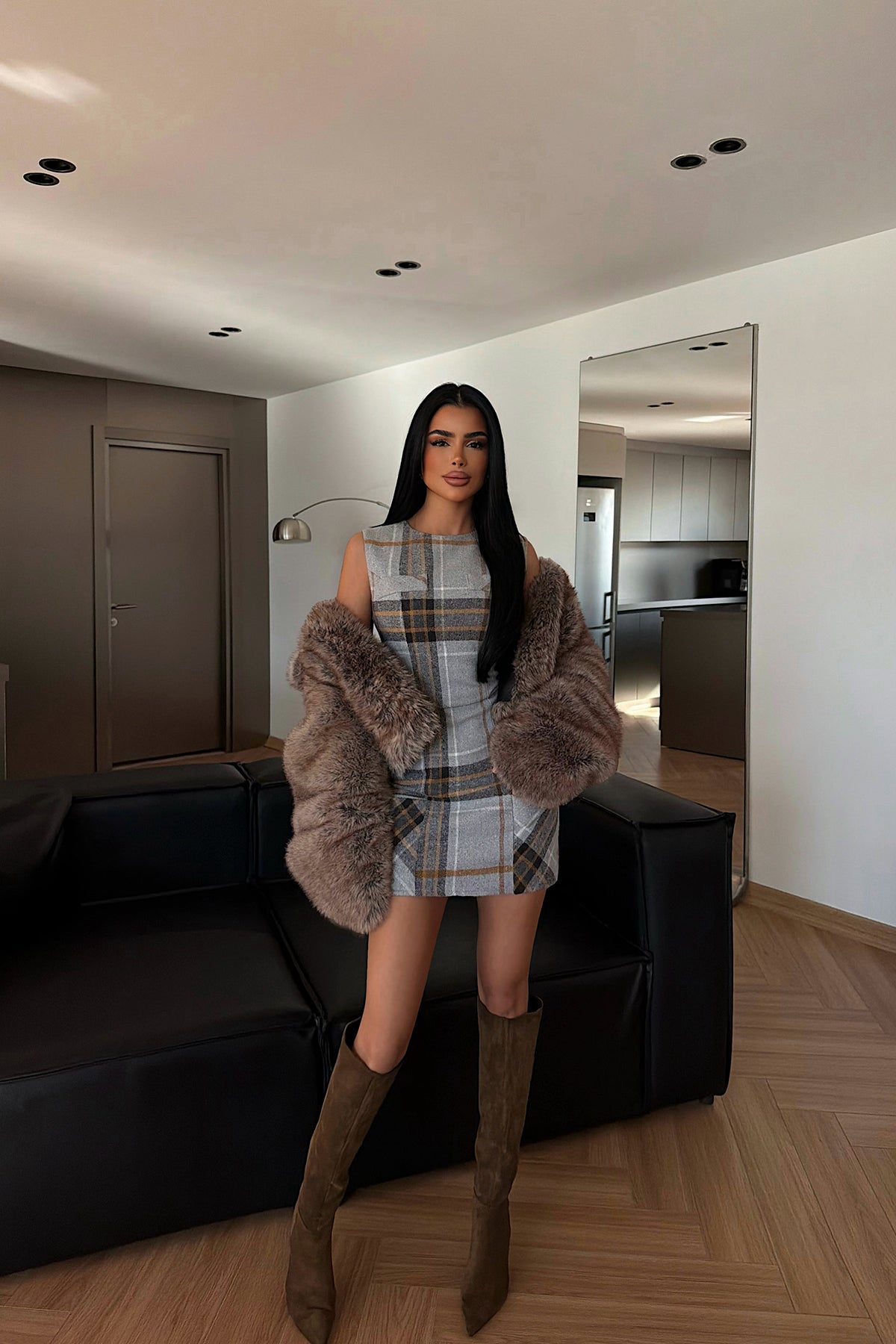 Gri Vera Ekose Elbise ATE-4387