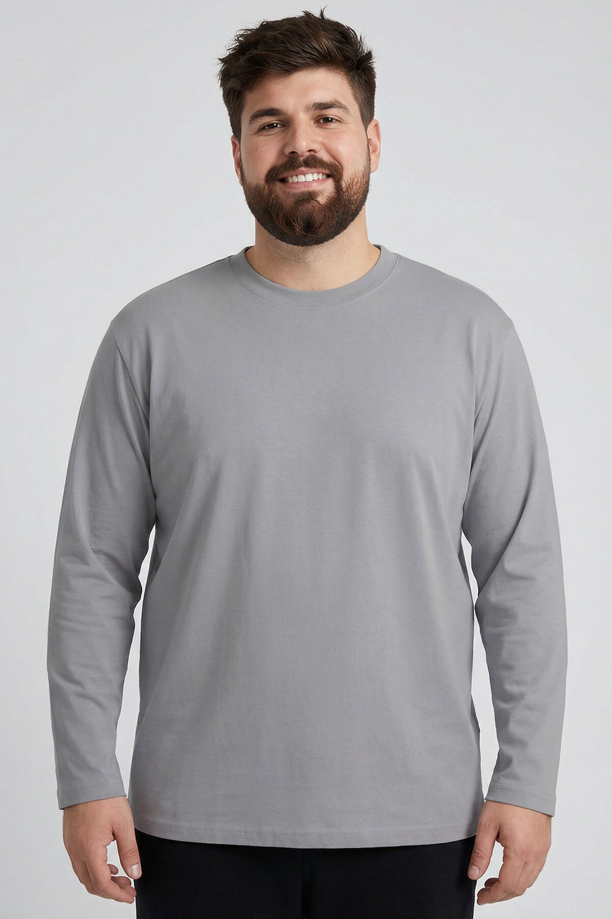 Gri O Yaka Rahat Form Battal Büyük Beden Uzun Kollu Erkek T-Shirt - 88107