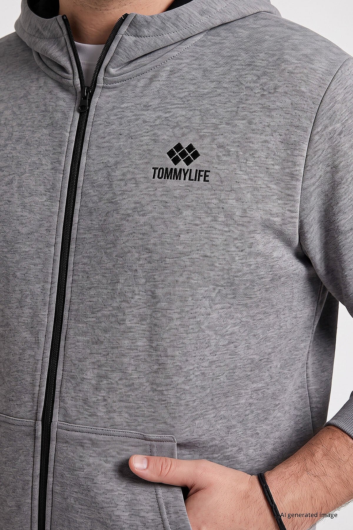 Gri Melanj Fermuarlı Büyük Beden Erkek Sweatshirt - 88124
