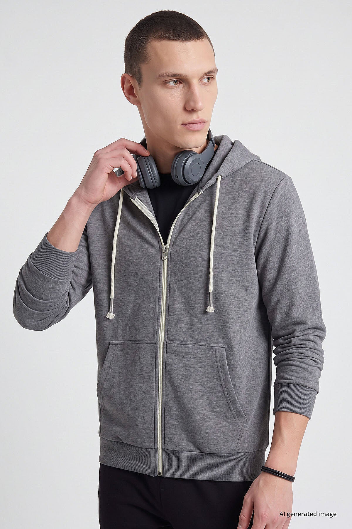 Gri Melanj Standart Kalıp Basic Fermuarlı Erkek Sweatshirt - 88514
