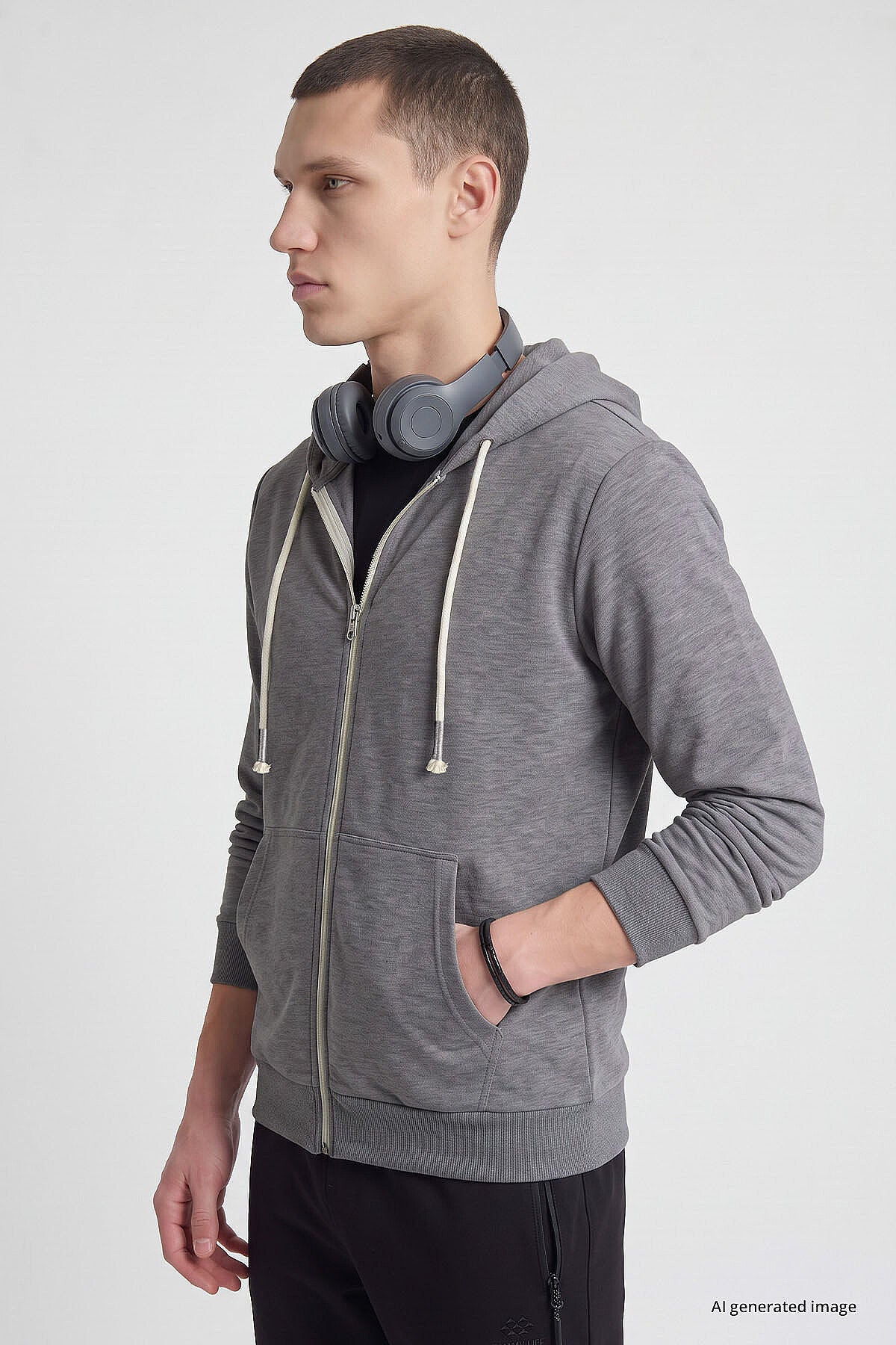 Gri Melanj Standart Kalıp Basic Fermuarlı Erkek Sweatshirt - 88514