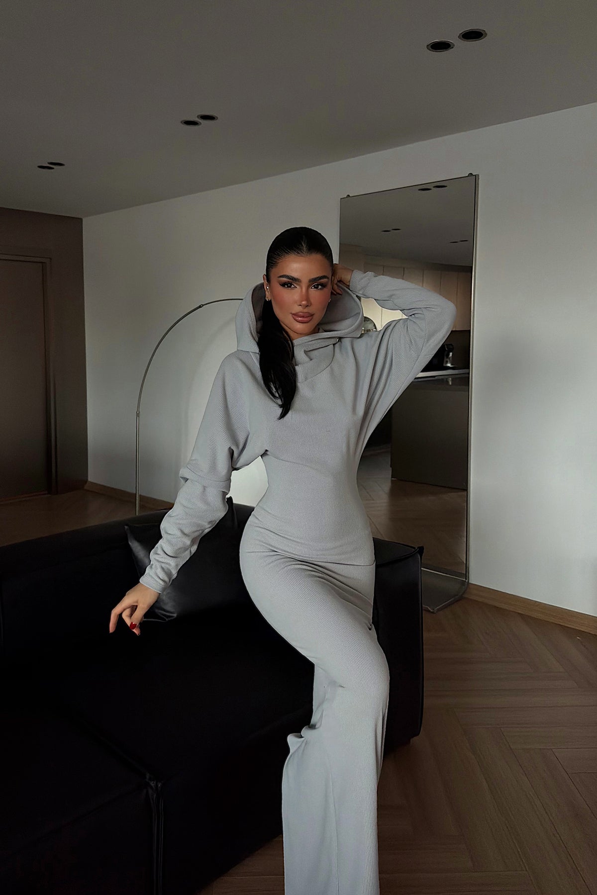 Gri Magma Uzun Kapüşonlu Elbise ATE-4364