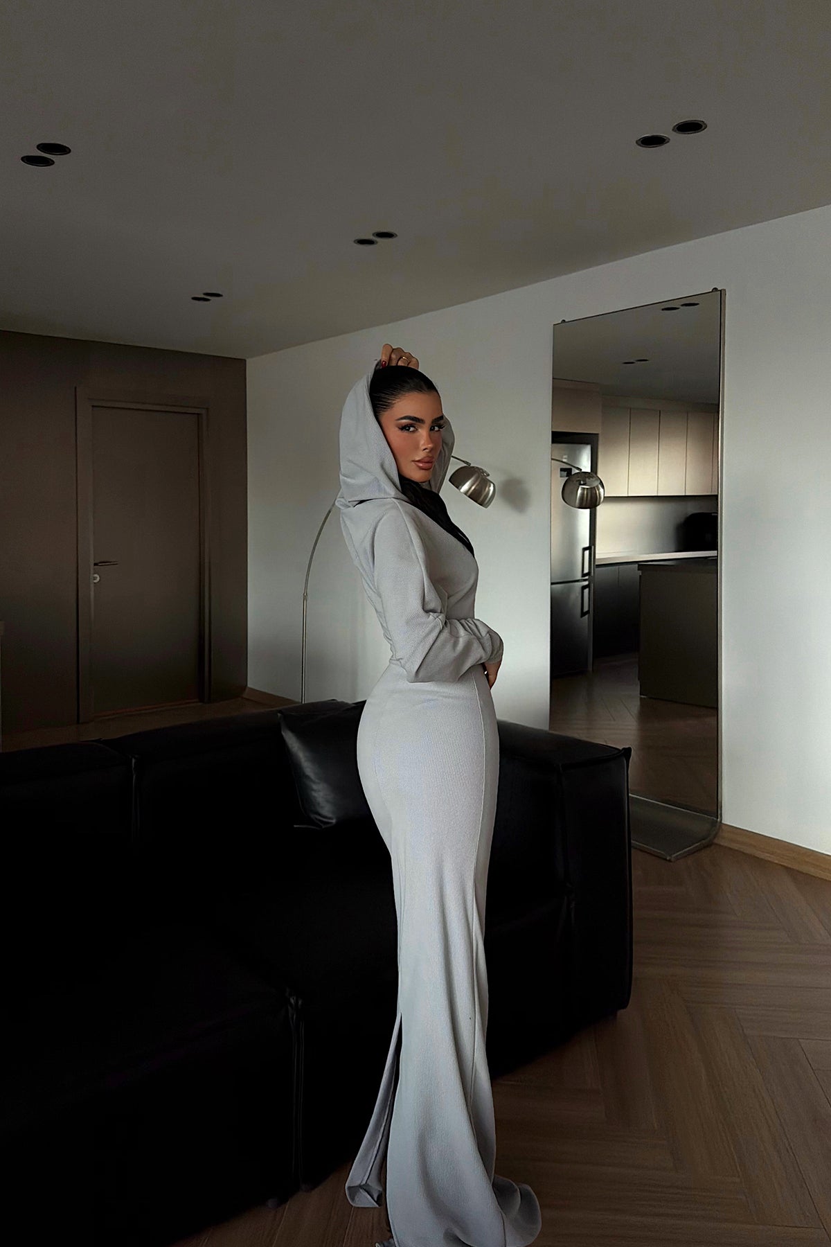 Gri Magma Uzun Kapüşonlu Elbise ATE-4364