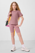 Gül Kurusu Pamuklu O Yaka Oversize Fit Basic Kız Çocuk T-Shirt - 75182
