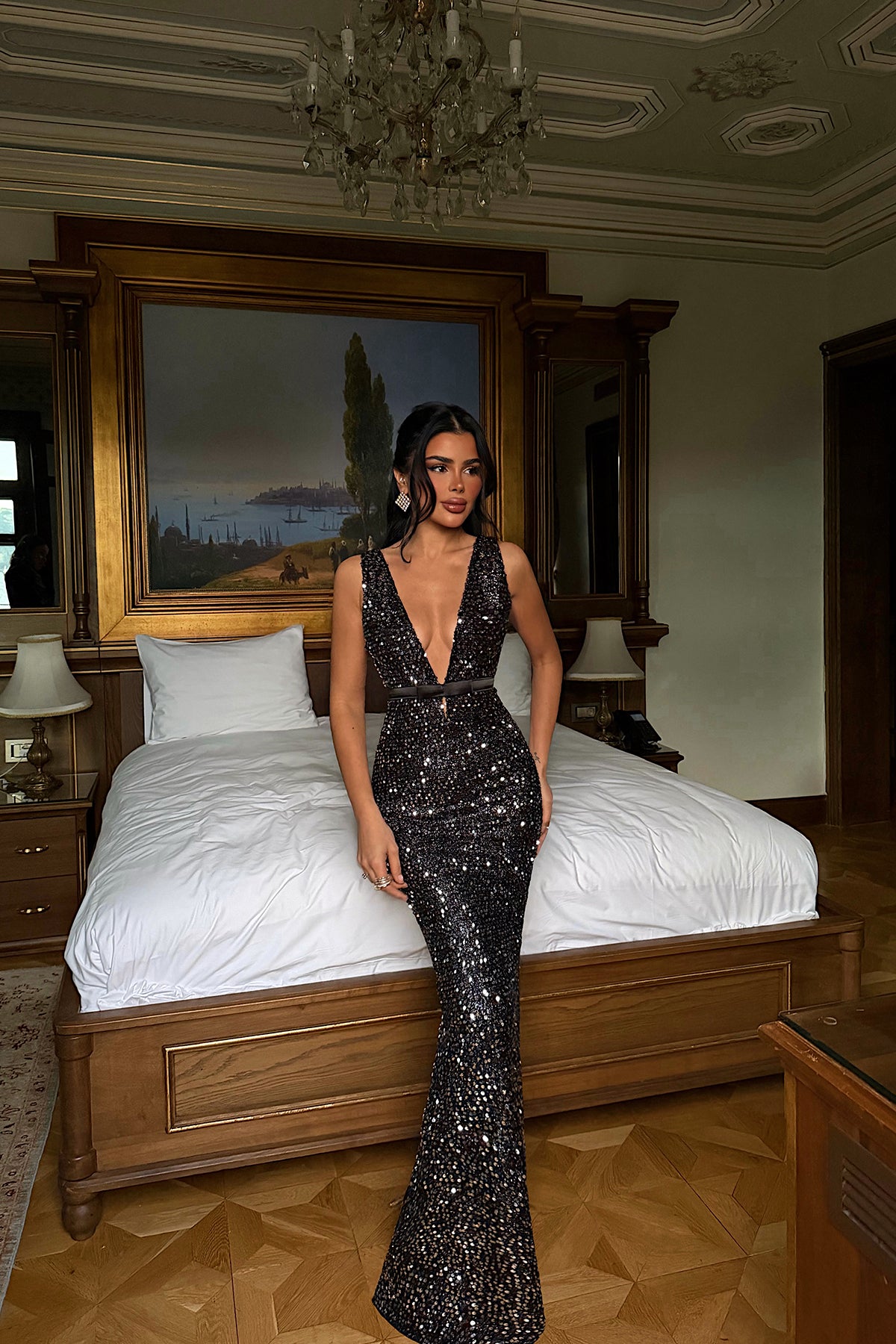 Gümüş Loretta uzun payetli elbise ATE-4552