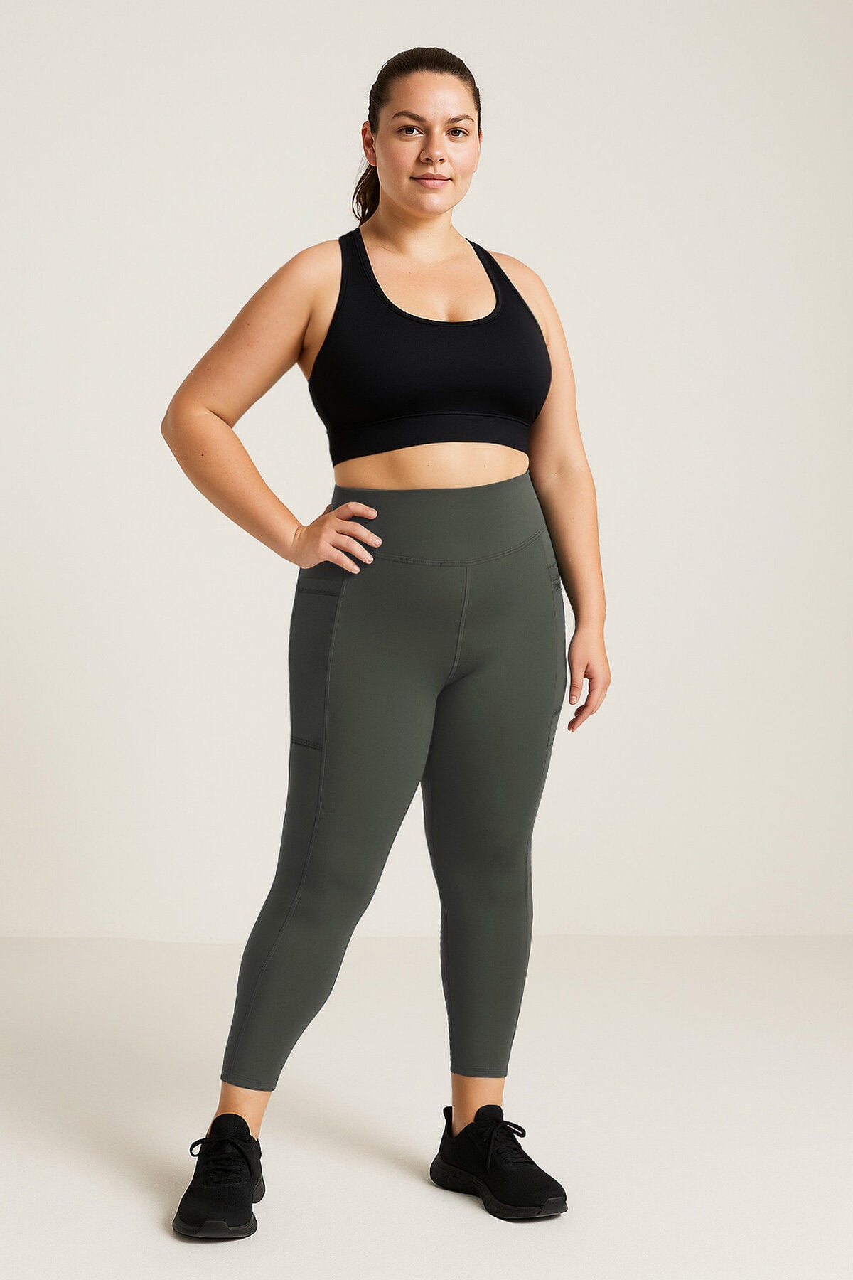 Haki Esnek Standart Fit Performans Battal Büyük Beden Kadın Tayt - 94652