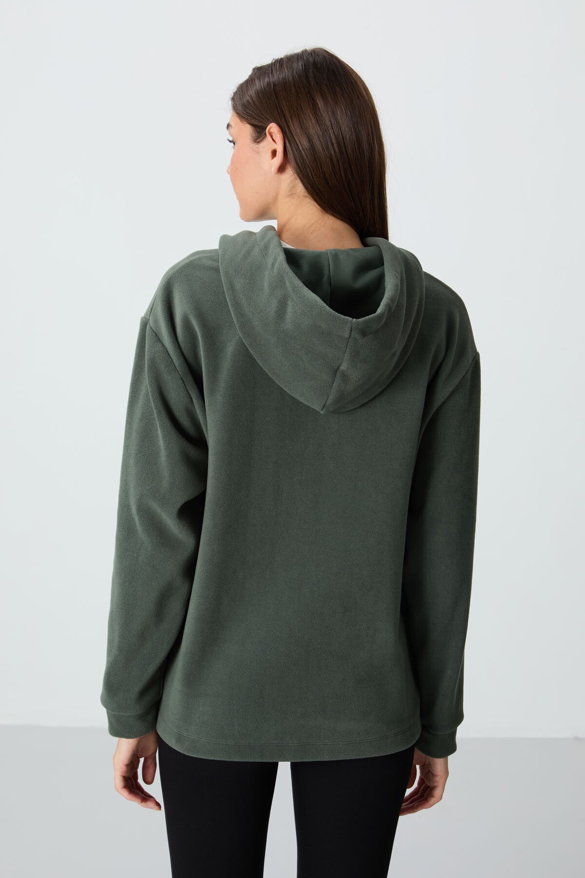 Haki Kalın Yumuşak Dokulu Kapüşonlu Oversize Nakışlı Polar Kadın Sweatshirt - 97292