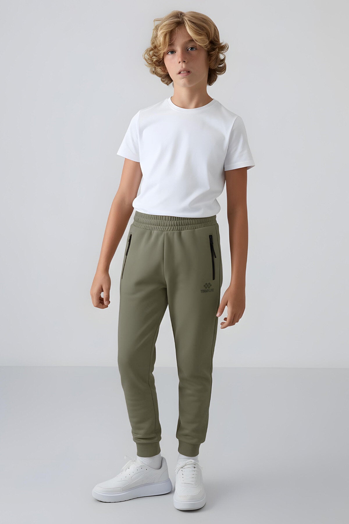 Haki Fermuarlı Standart Fit İnce Erkek Çocuk Eşofman Alt - 64042