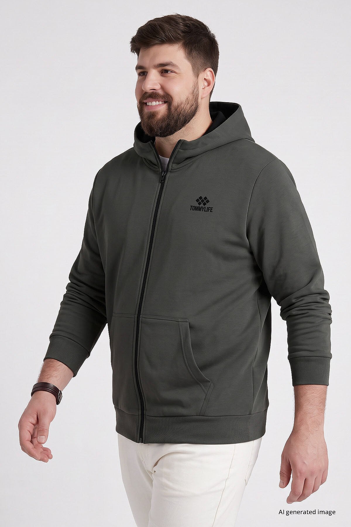 Haki Fermuarlı Büyük Beden Erkek Sweatshirt - 88124
