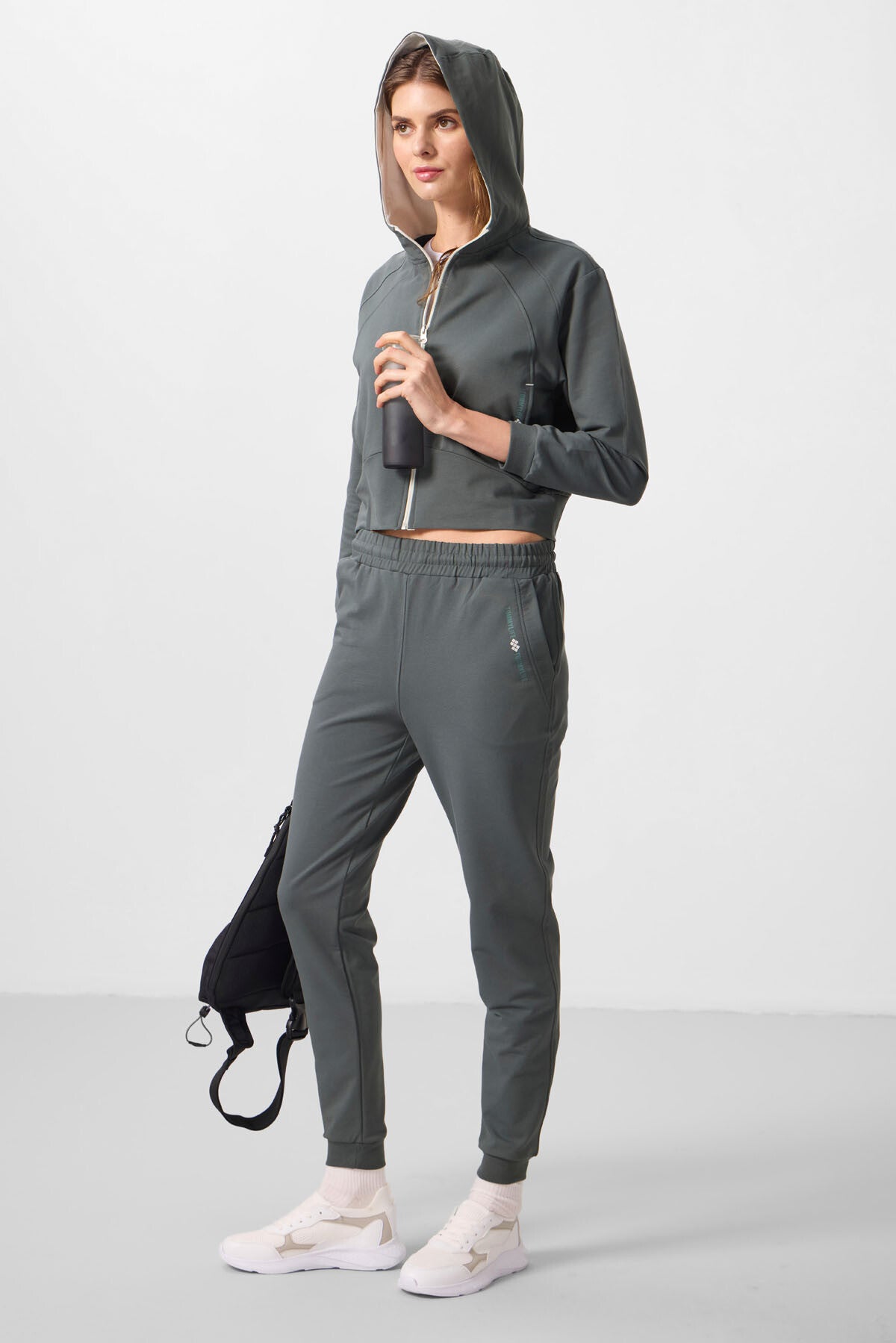 Haki Kapüşonlu Fermuarlı Oversize Kadın Eşofman Takım - 95328