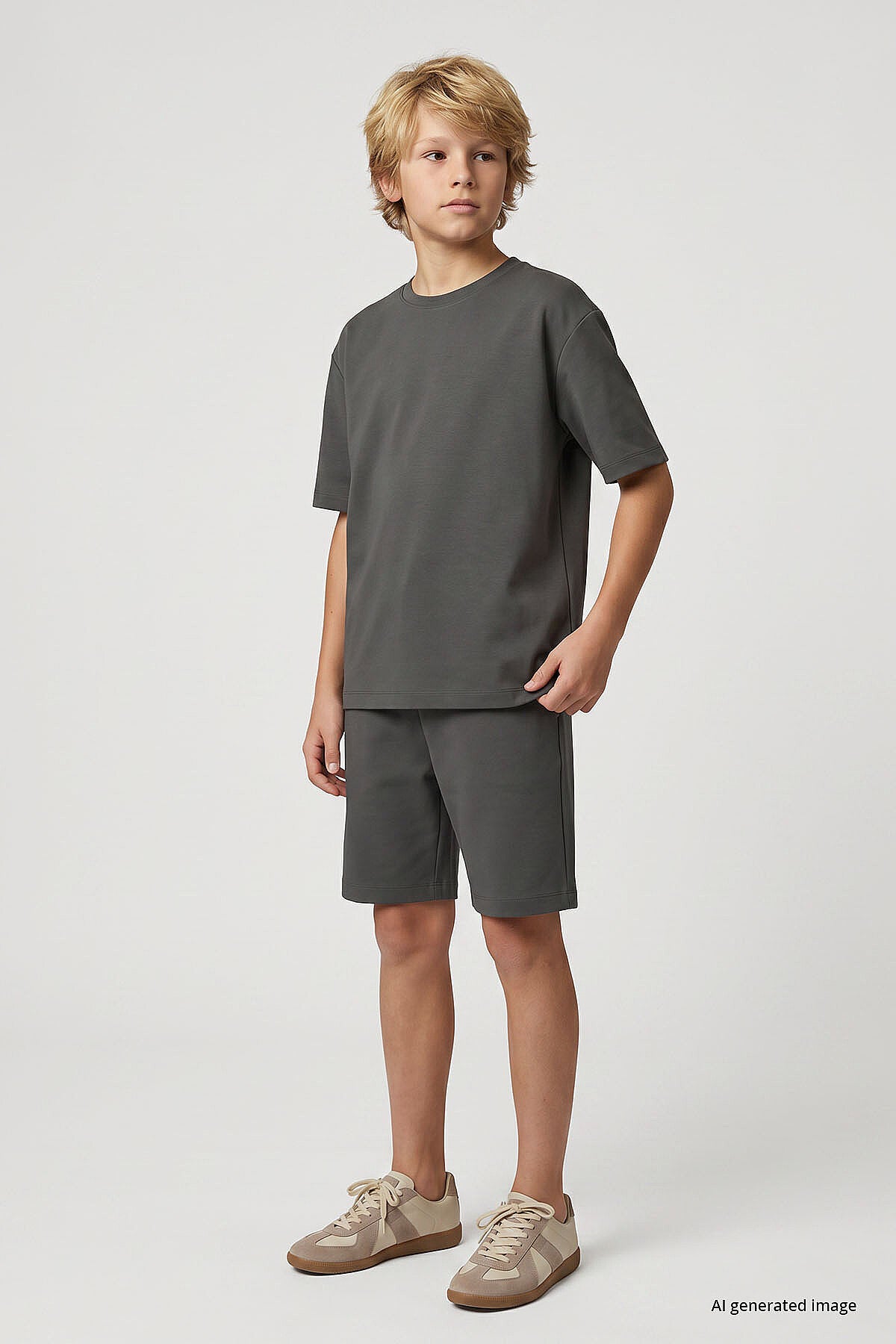 Haki Oversize Fit Basic Erkek Çocuk Şort Takım - 11335