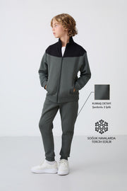 Haki Pamuklu Kalın İçi Tüylü Yumuşak Dokulu Standart Fit Nakışlı Erkek Çocuk Eşofman Takım - 11240