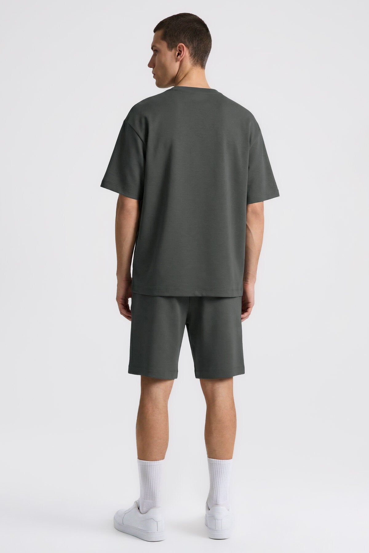 Haki Oversize Fit Basic Erkek Şort Takım - 85292