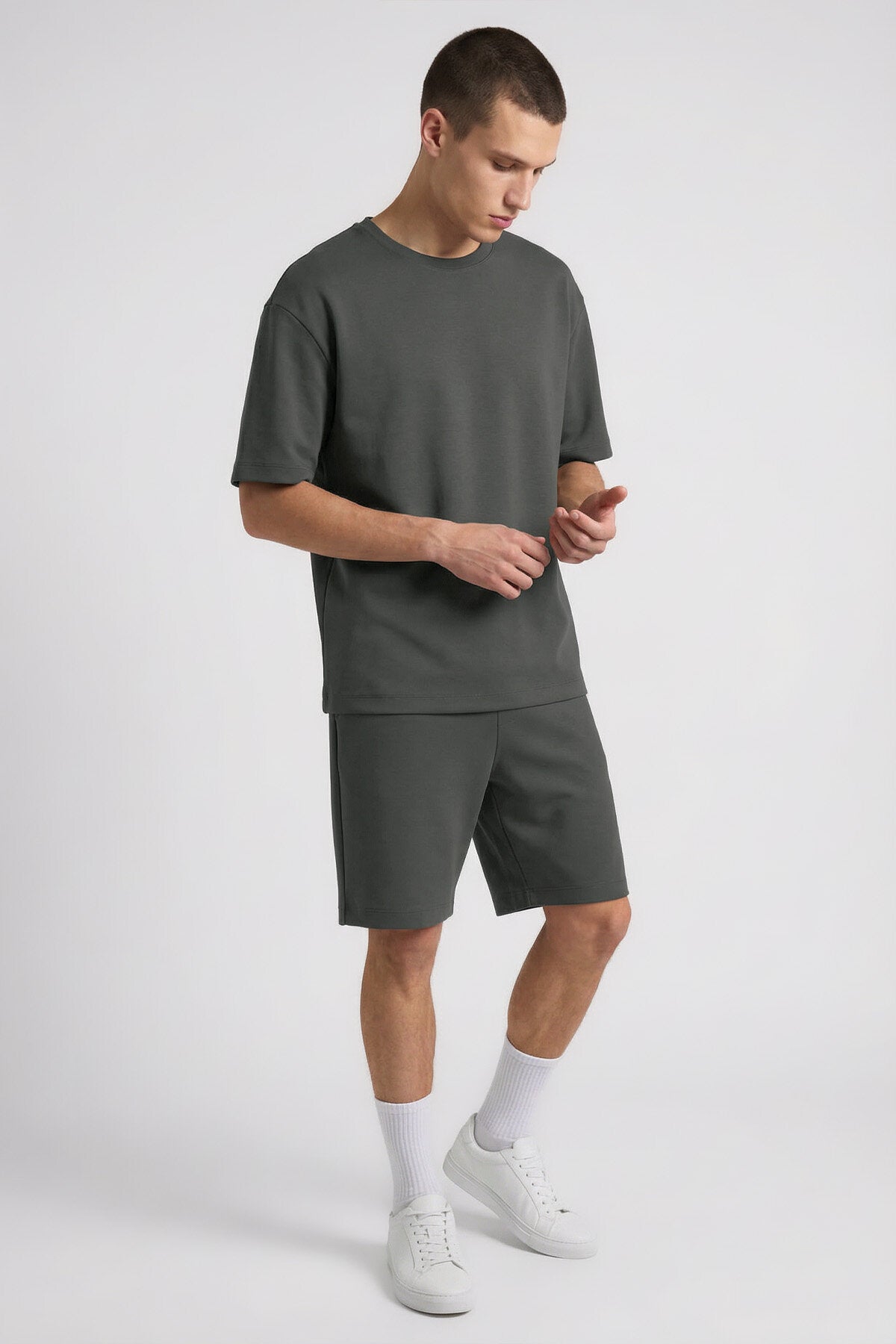 Haki Oversize Fit Basic Erkek Şort Takım - 85292