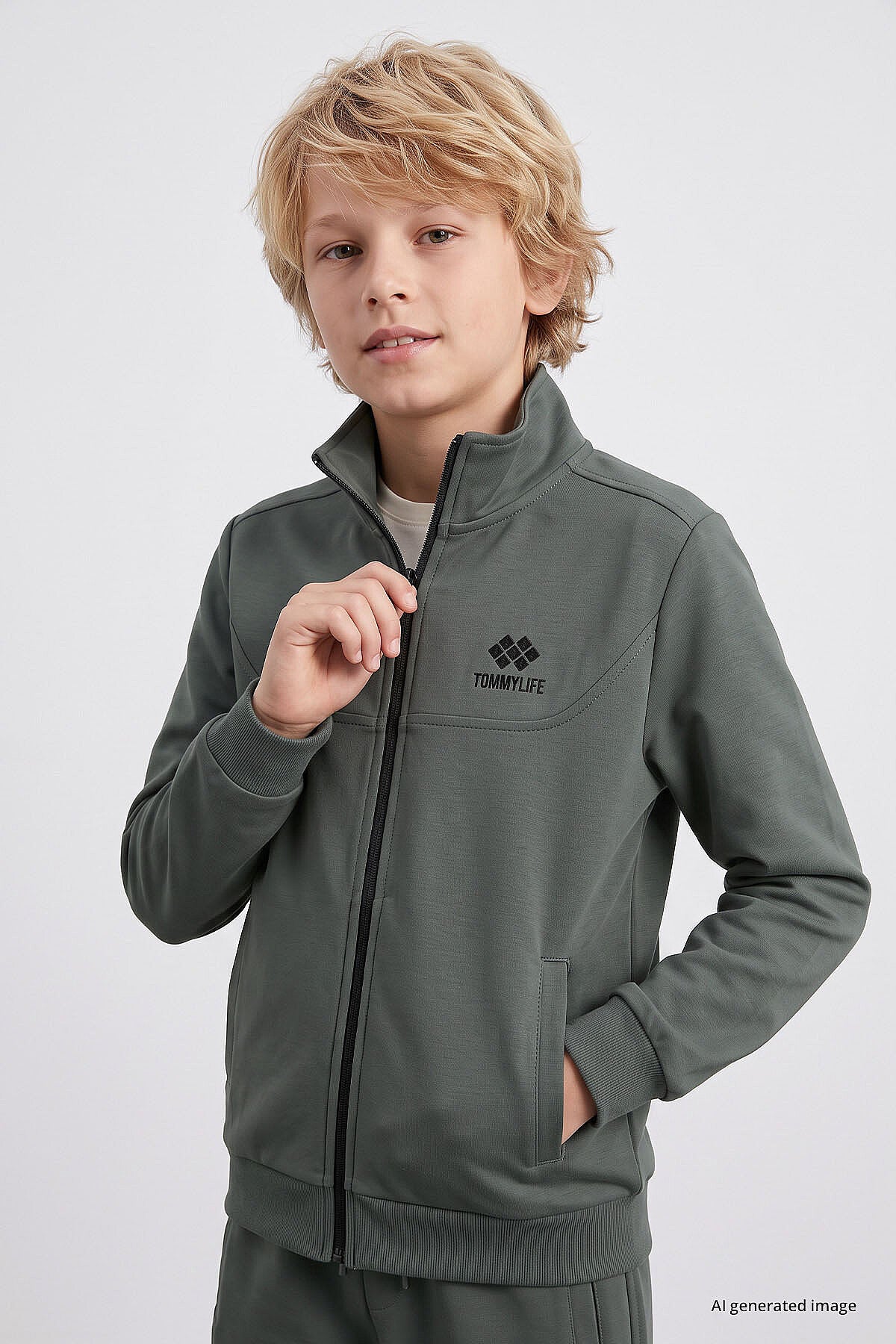 Haki Standart Fit Basic Dik Yaka Jogger Erkek Çocuk Eşofman Takım  - 11327