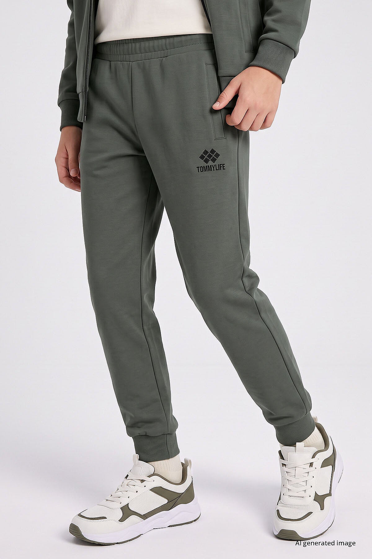 Haki Standart Fit Basic Dik Yaka Jogger Erkek Çocuk Eşofman Takım  - 11327