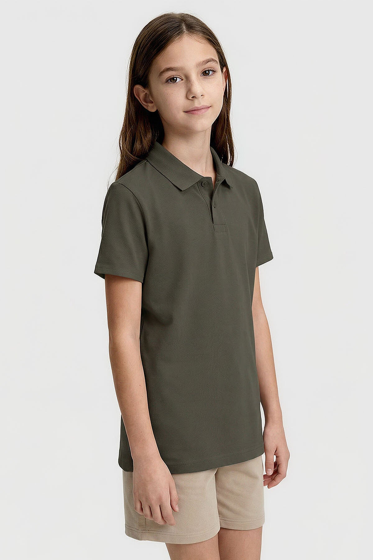 Haki Polo Yaka Standart Fit Basic Unisex Çocuk T-Shirt - 11330