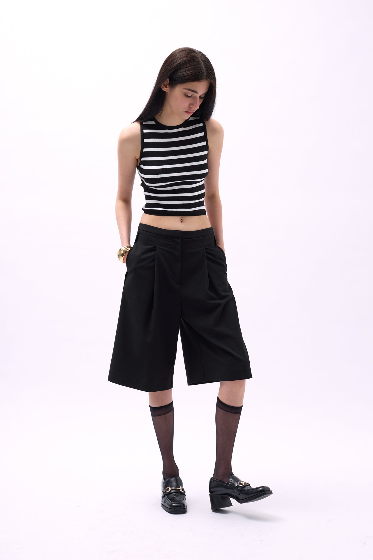 Halter Yaka Çizgili Siyah-Beyaz Crop