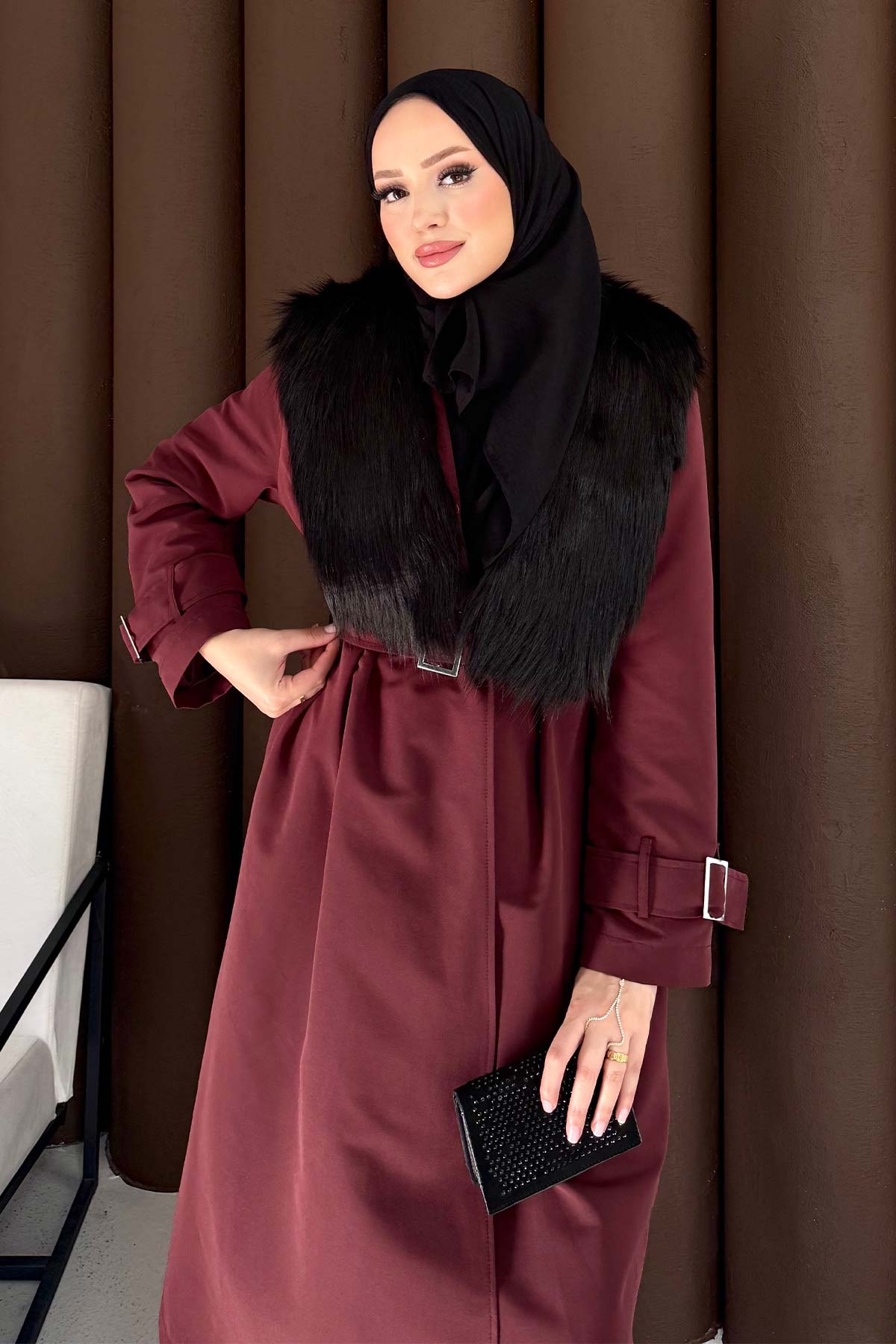 Kürklü Uzun Trençkot 32-3724