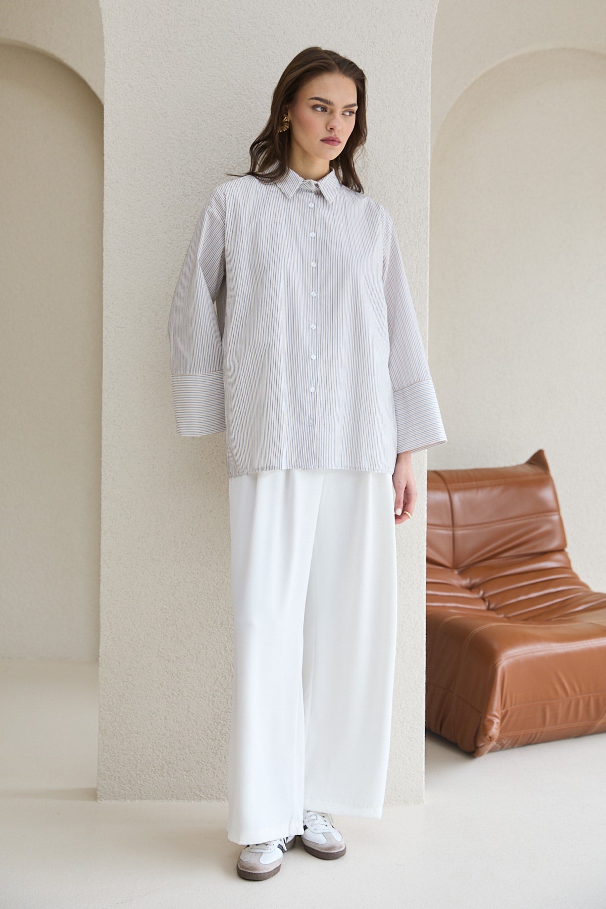 Oversize Çizgili Gömlek 32-2812